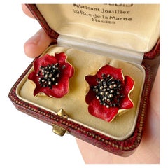 Vintage 18K gold red enamel poppy flower earrings