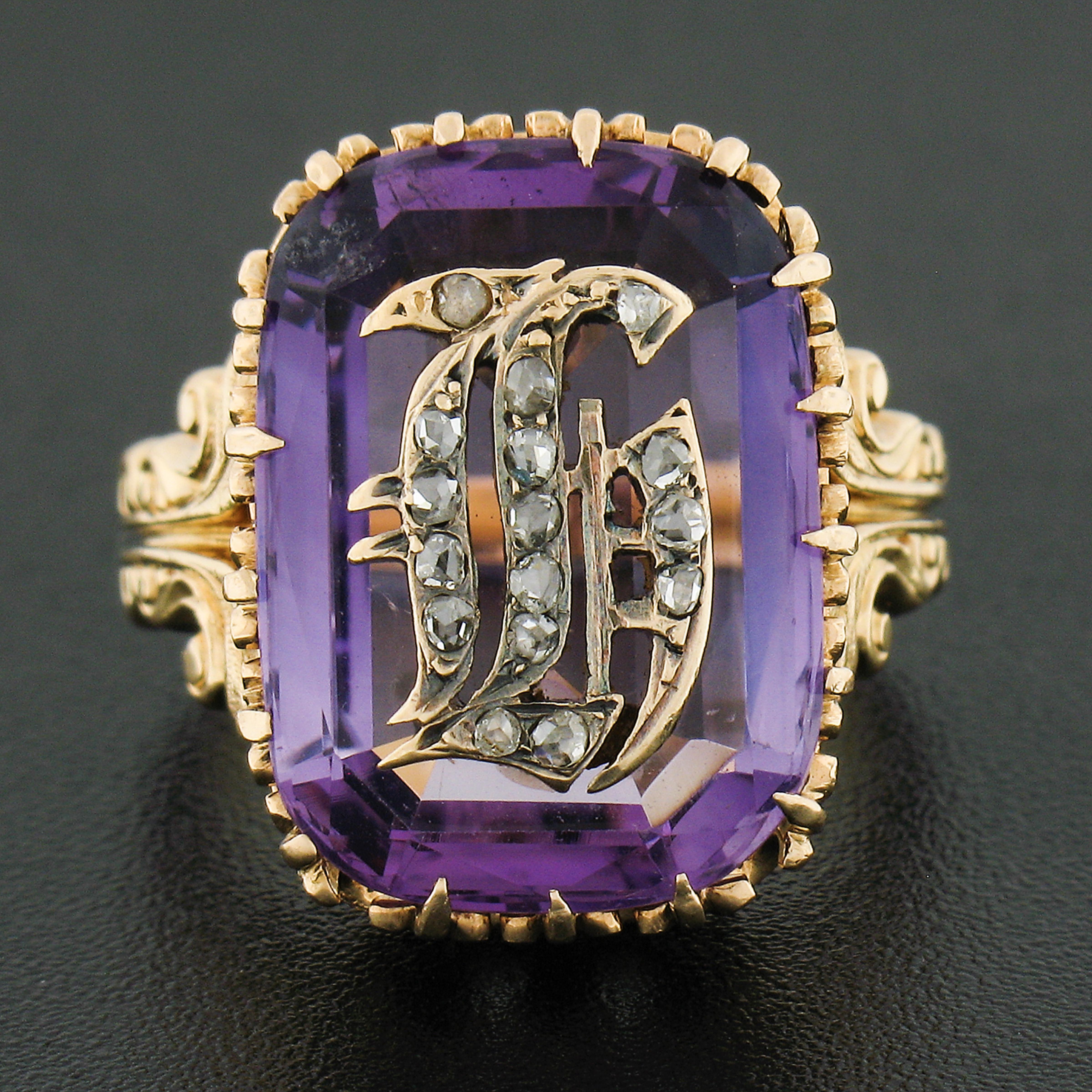 Cushion Cut Vintage 18k Gold Repousse Amethyst & Diamond Old English Letter Cocktail Ring For Sale