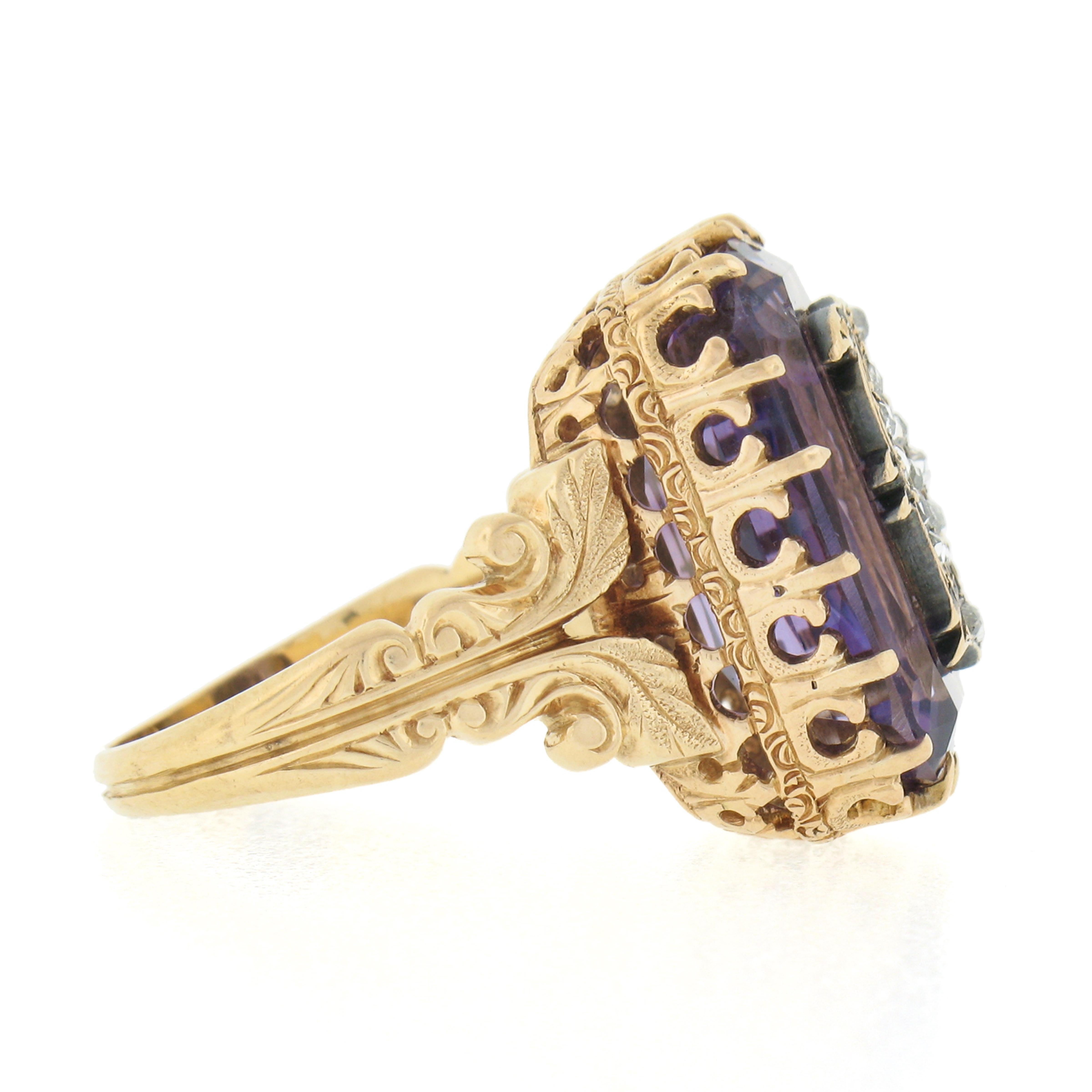 Women's or Men's Vintage 18k Gold Repousse Amethyst & Diamond Old English Letter Cocktail Ring For Sale