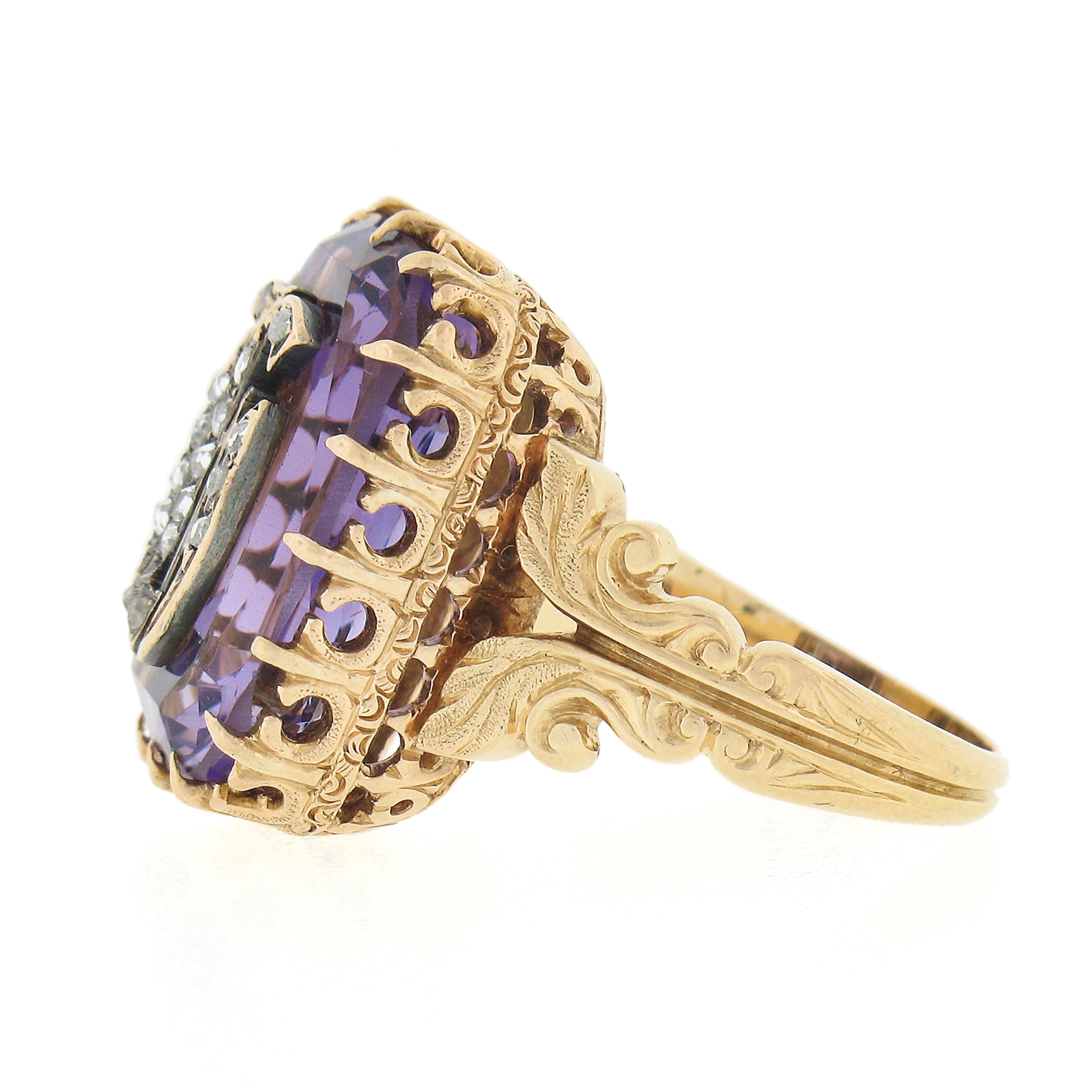 Vintage 18k Gold Repousse Amethyst & Diamond Old English Letter Cocktail Ring For Sale 1