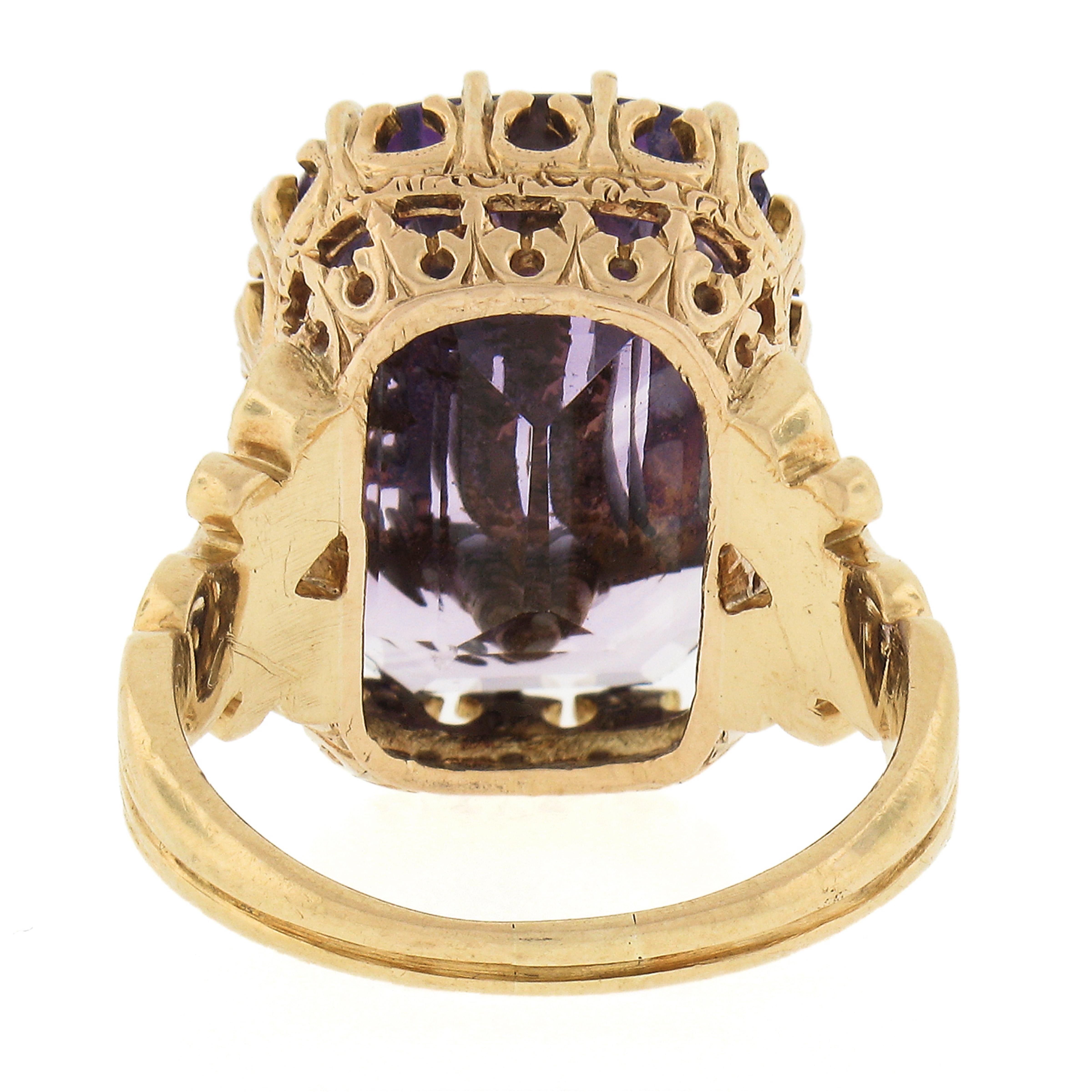 Vintage 18k Gold Repousse Amethyst & Diamond Old English Letter Cocktail Ring For Sale 2