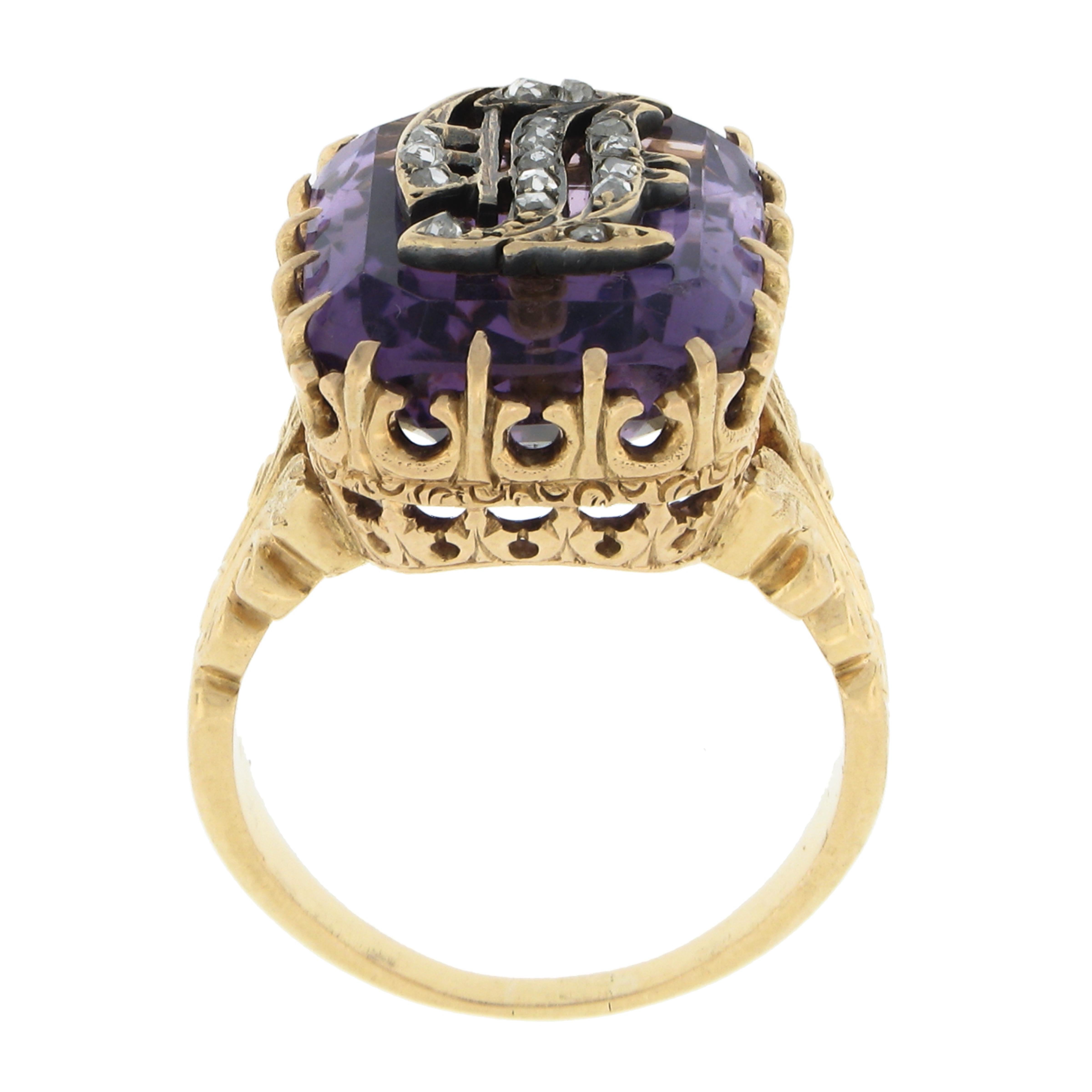 Vintage 18k Gold Repousse Amethyst & Diamond Old English Letter Cocktail Ring For Sale 3