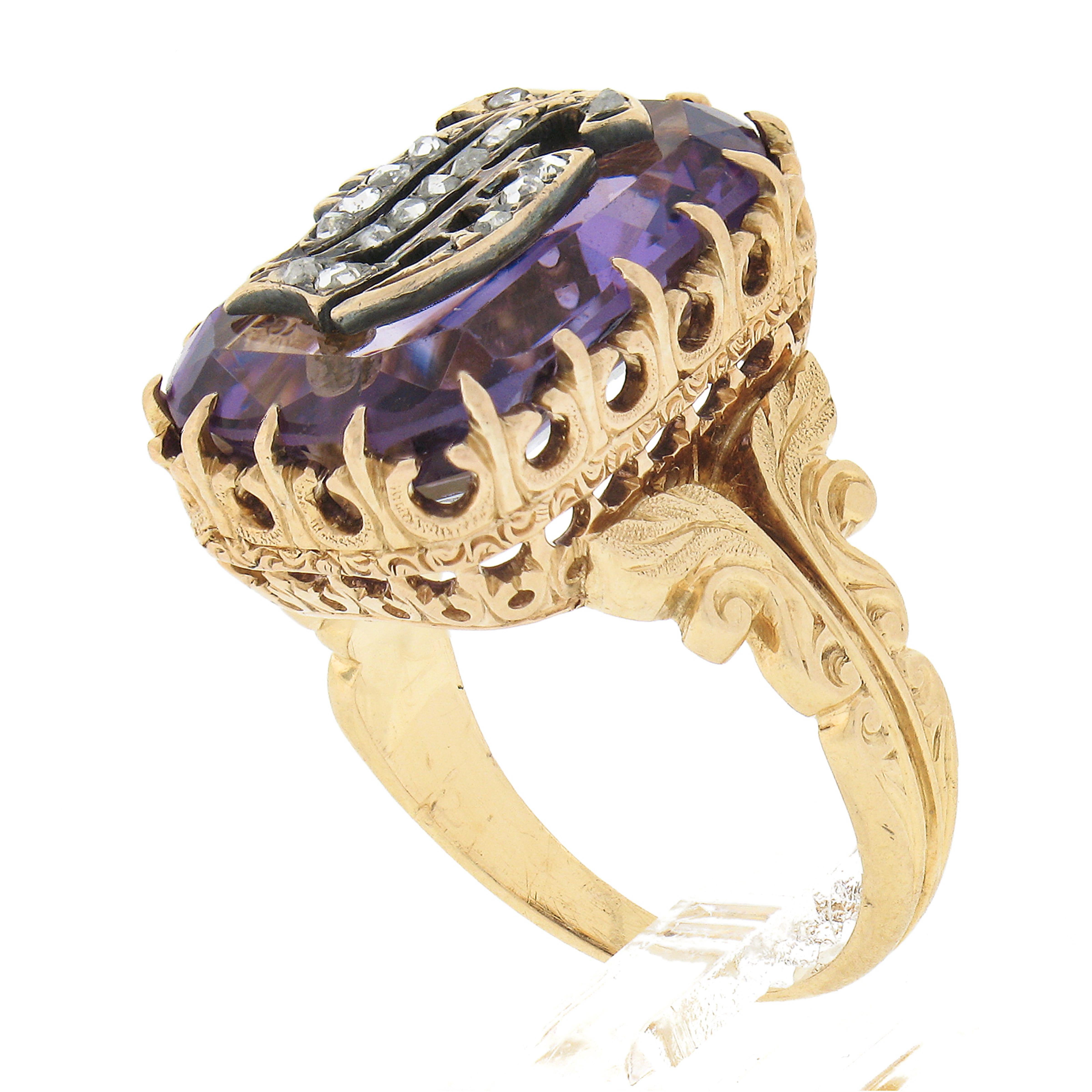 Vintage 18k Gold Repousse Amethyst & Diamond Old English Letter Cocktail Ring For Sale 4