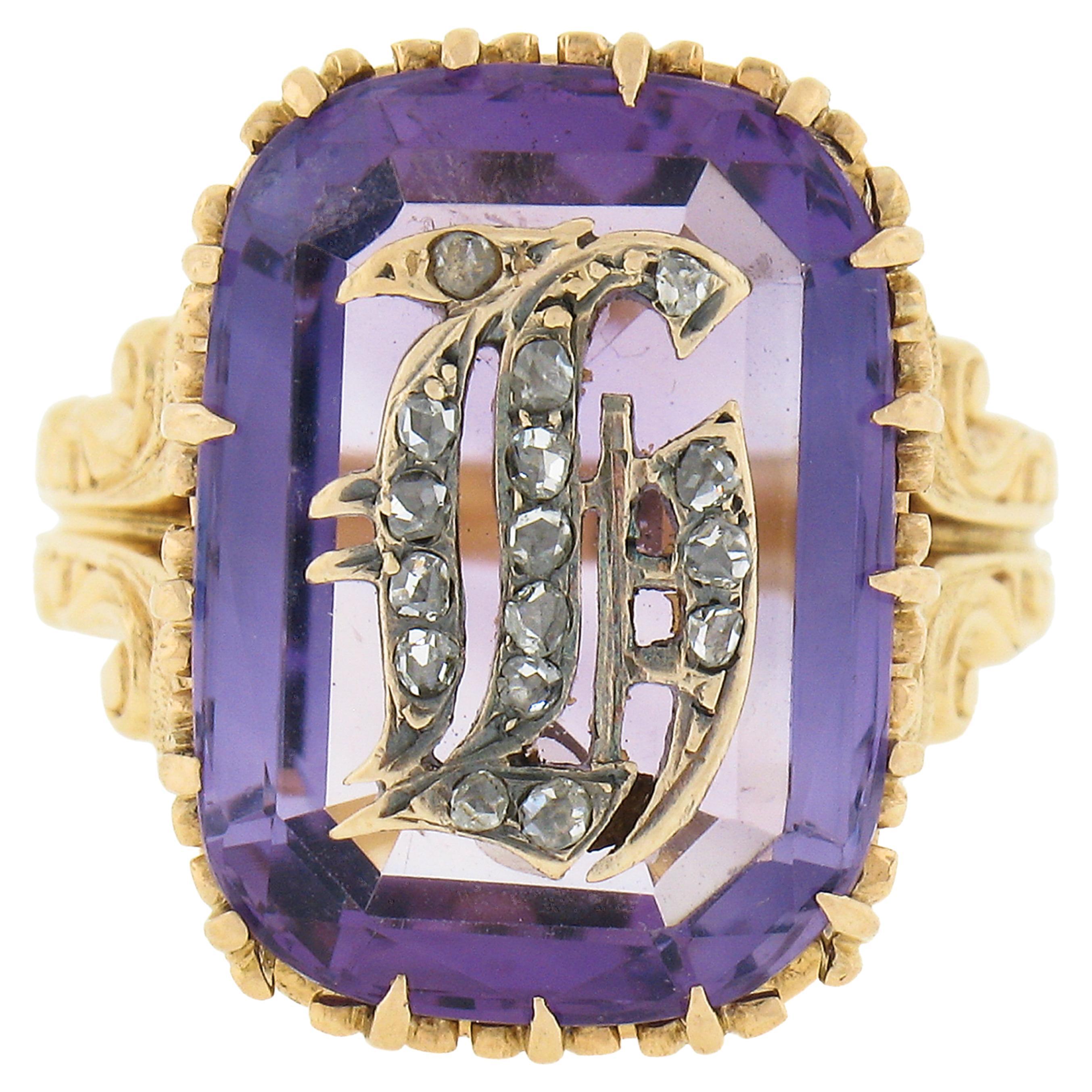 Vintage 18k Gold Repousse Amethyst & Diamond Old English Letter Cocktail Ring For Sale