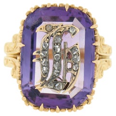 Vintage 18k Gold Repousse Amethyst & Diamond Old English Letter Cocktail Ring