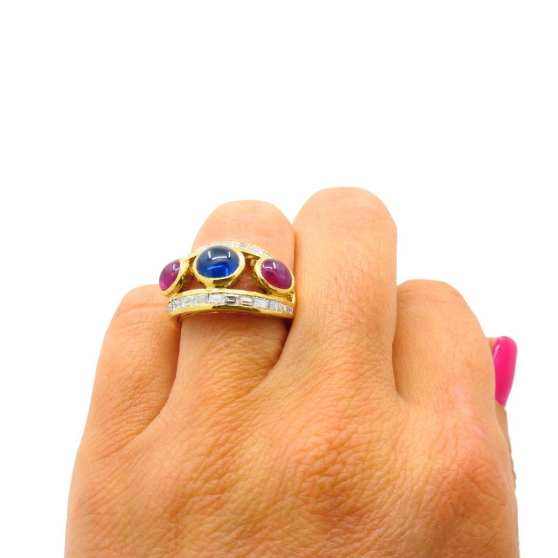 Taglio misto Anello vintage in oro 18 carati con diamante e zaffiro rubino