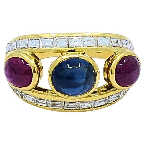 Vintage 18k Gold Ring Cabochon Ruby Sapphire Diamond