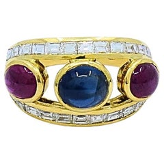 Vintage 18k Gold Ring Cabochon Ruby Sapphire Diamond