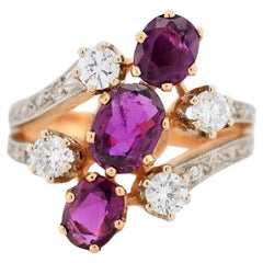 Vintage 18K Gold Ring, Natural Rubies and Diamonds - Belle Époque Style