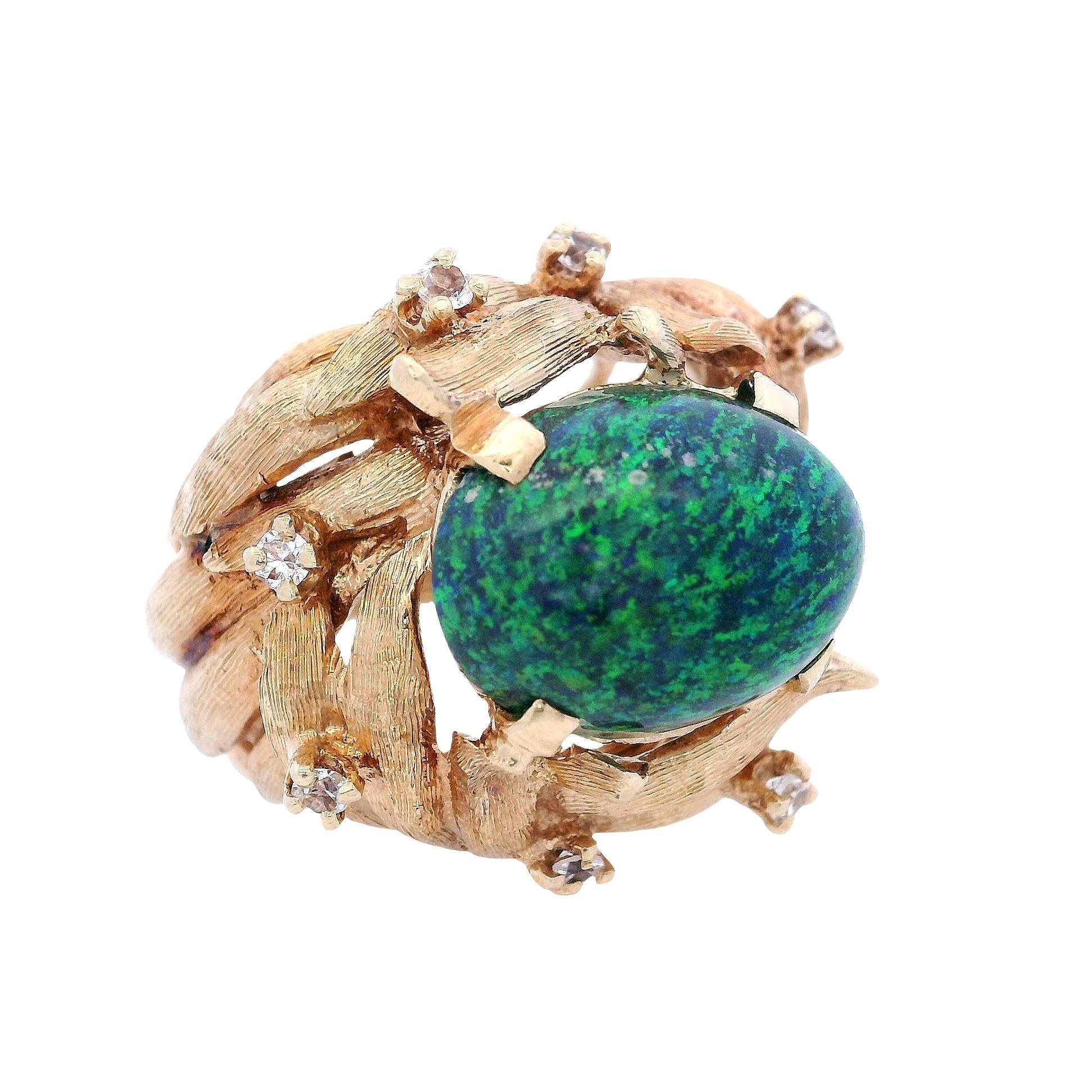 Cabochon Vintage  18k Gold Ring with Black Opal & Diamonds For Sale