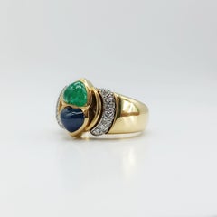 Vintage 18K Gold Ring with Heart Sapphire, Emerald and Diamond Accents