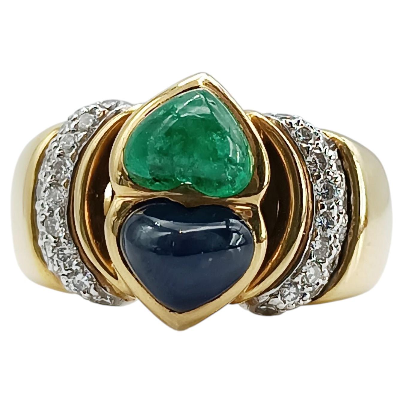Vintage 18K Gold Ring with Heart Sapphire, Emerald and Diamond Accents