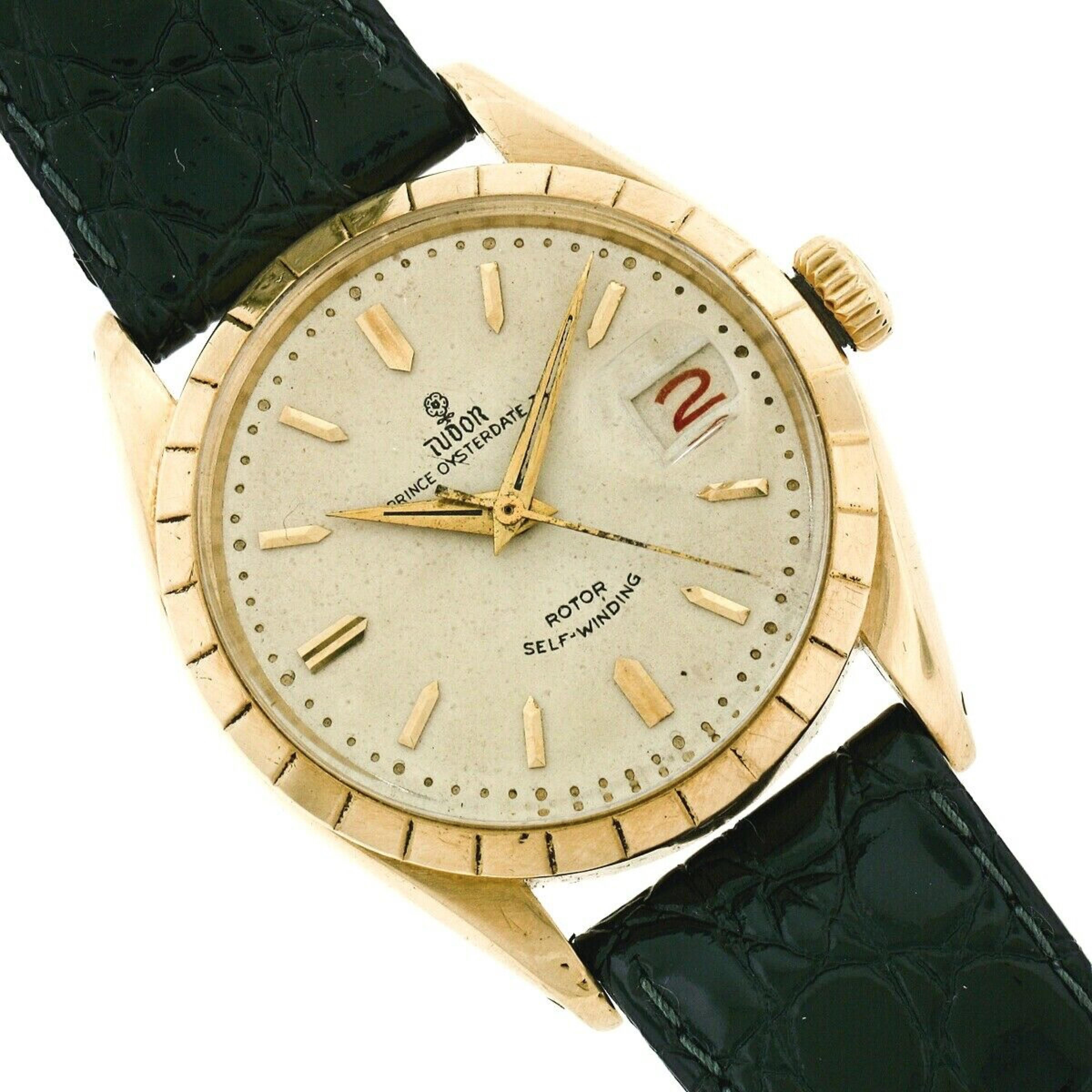 Vintage 18k Gold Rolex Tudor Prince Oysterdate Rotor Automatic Watch Rose Logo In Good Condition In Montclair, NJ
