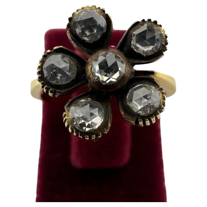 Vintage 18k Gold Rose Cut Diamond Flower Ring – Handmade 1950s–1970s Ottoman