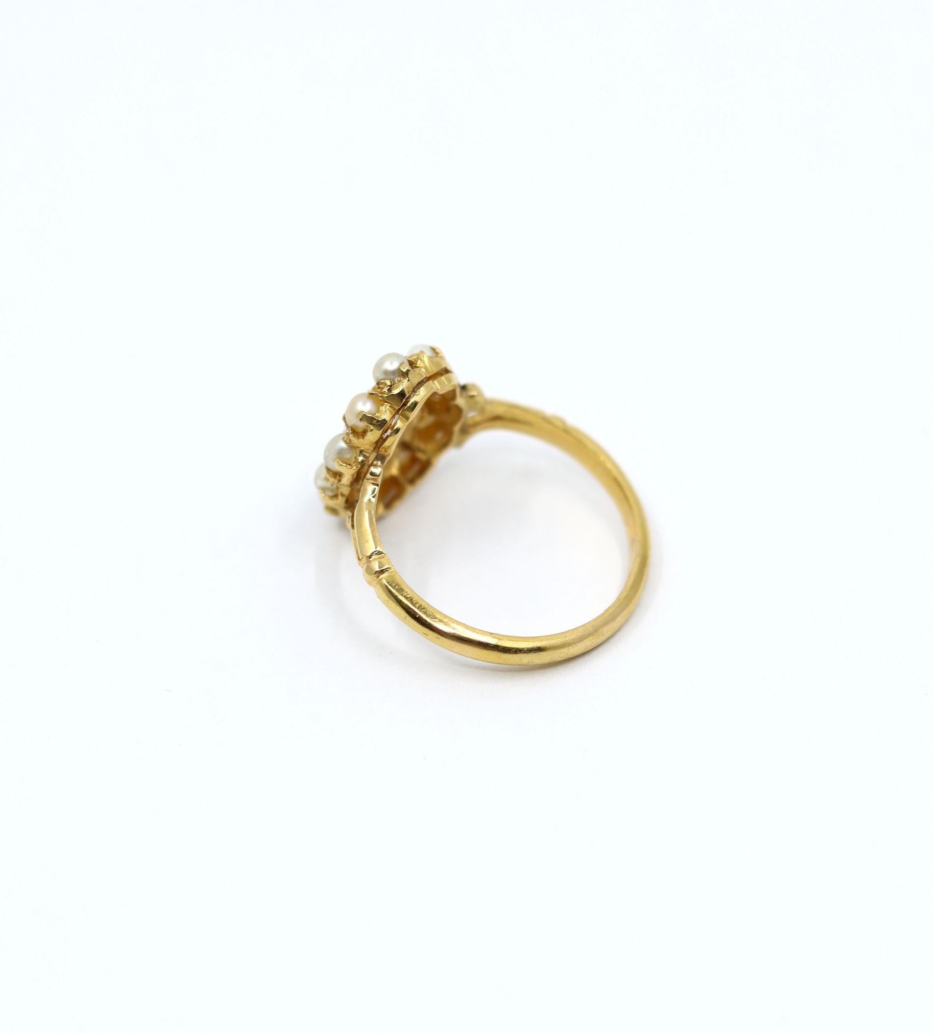 Taglio a rosa Anello vintage in oro 18 carati con diamanti e perle taglio rosa in vendita