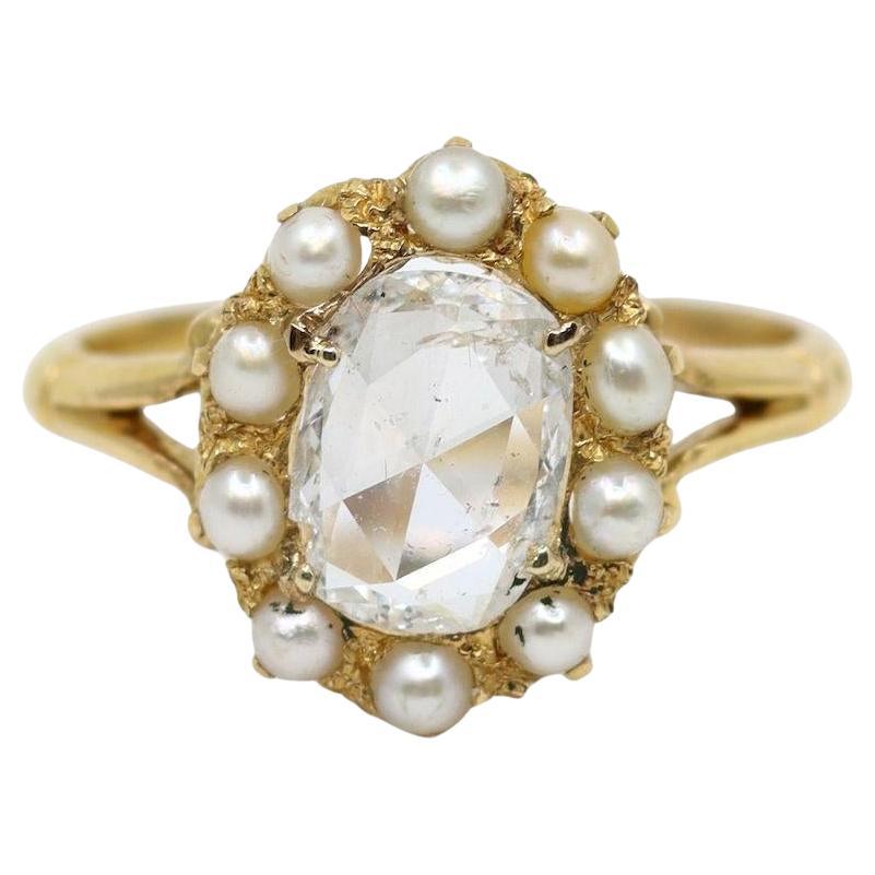 Anello vintage in oro 18 carati con diamanti e perle taglio rosa