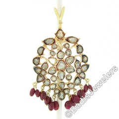 Conjunto de pendientes y colgante vintage de oro de 18 quilates con diamantes talla rosa y rubí en forma de gota