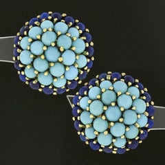 Vintage 18K Gold Round Cabochon Turquoise Cluster w/ Lapis Frame Button Earrings