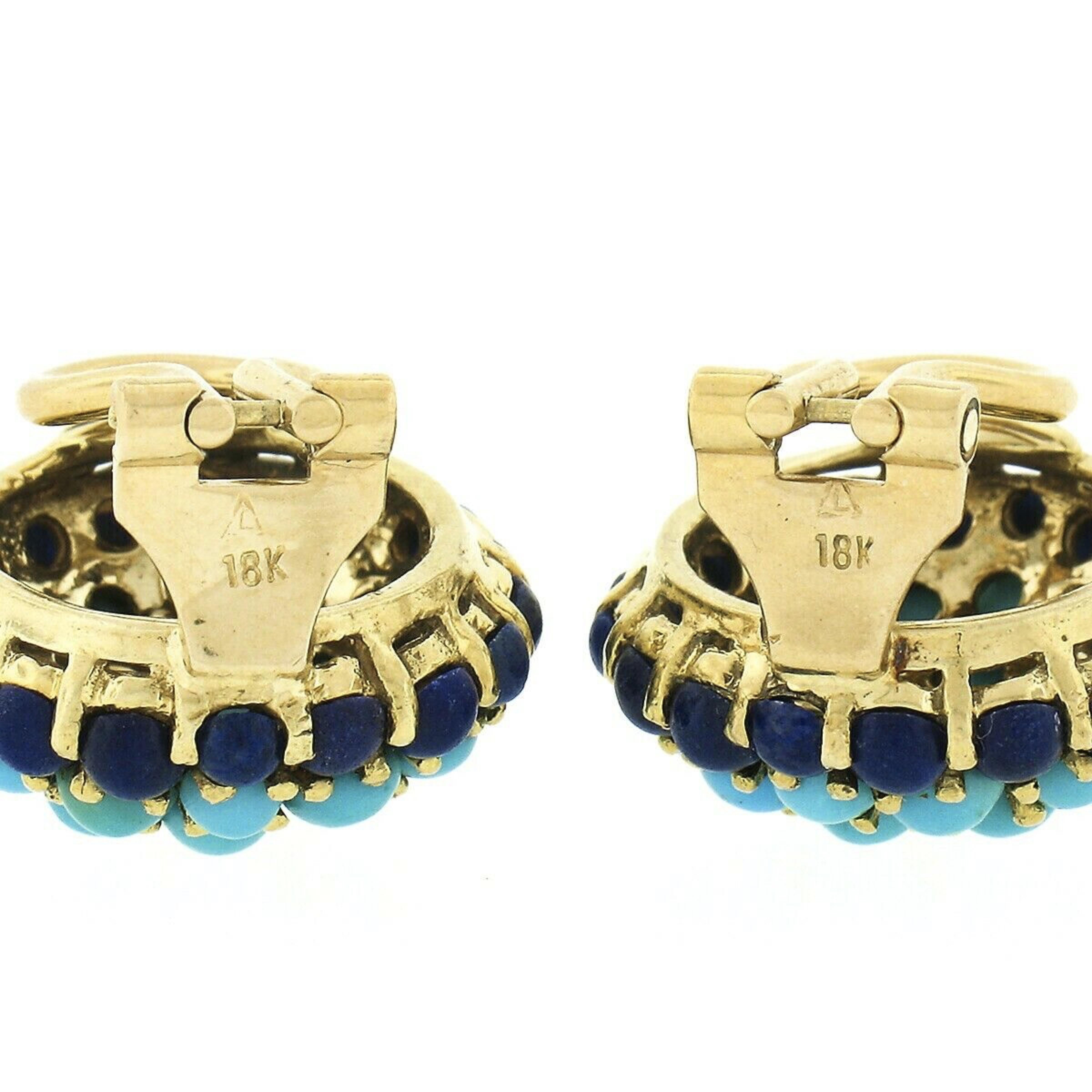 Vintage 18K Gold Round Cabochon Turquoise Cluster w/ Lapis Frame Button Earrings In Good Condition In Montclair, NJ