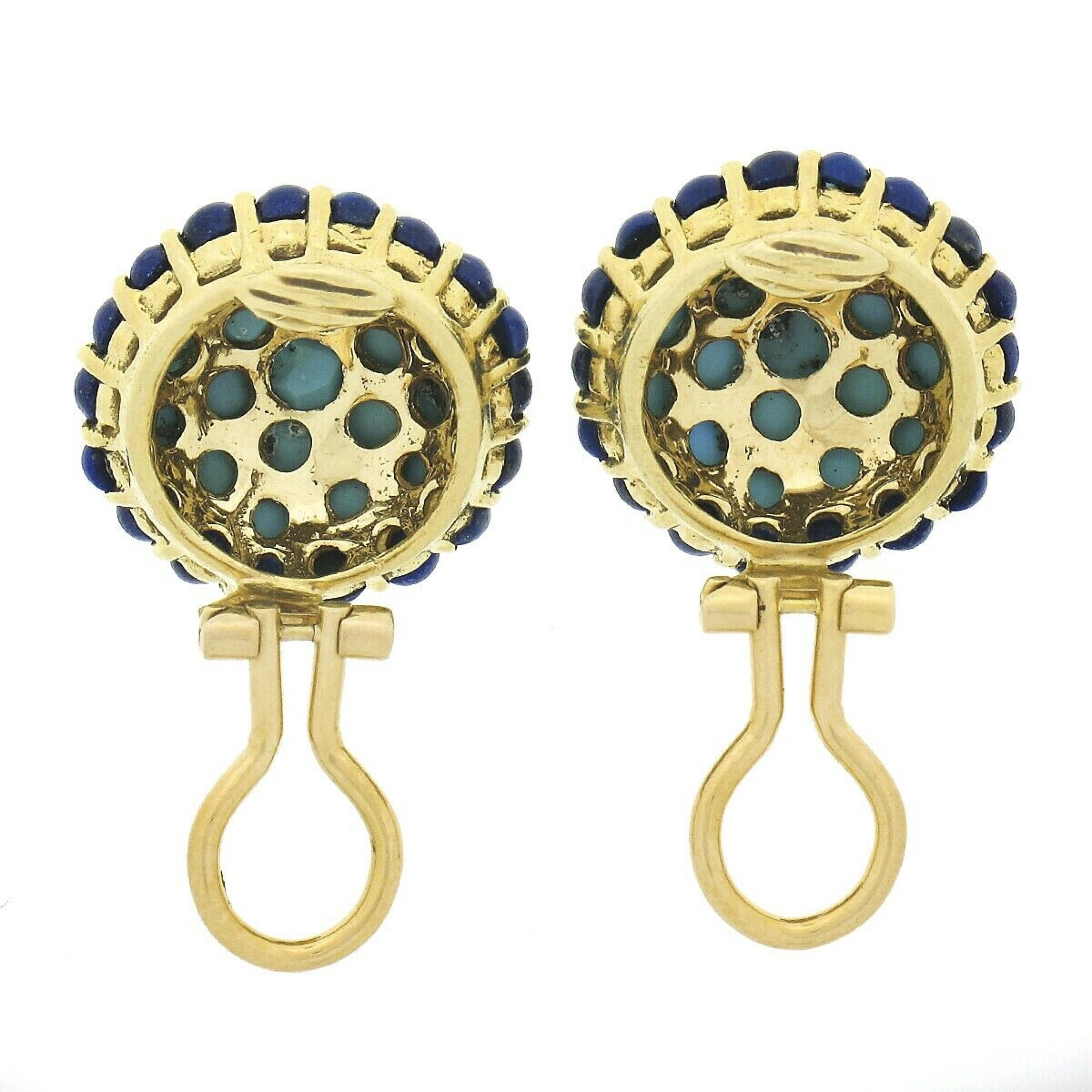 Vintage 18K Gold Round Cabochon Turquoise Cluster w/ Lapis Frame Button Earrings 1