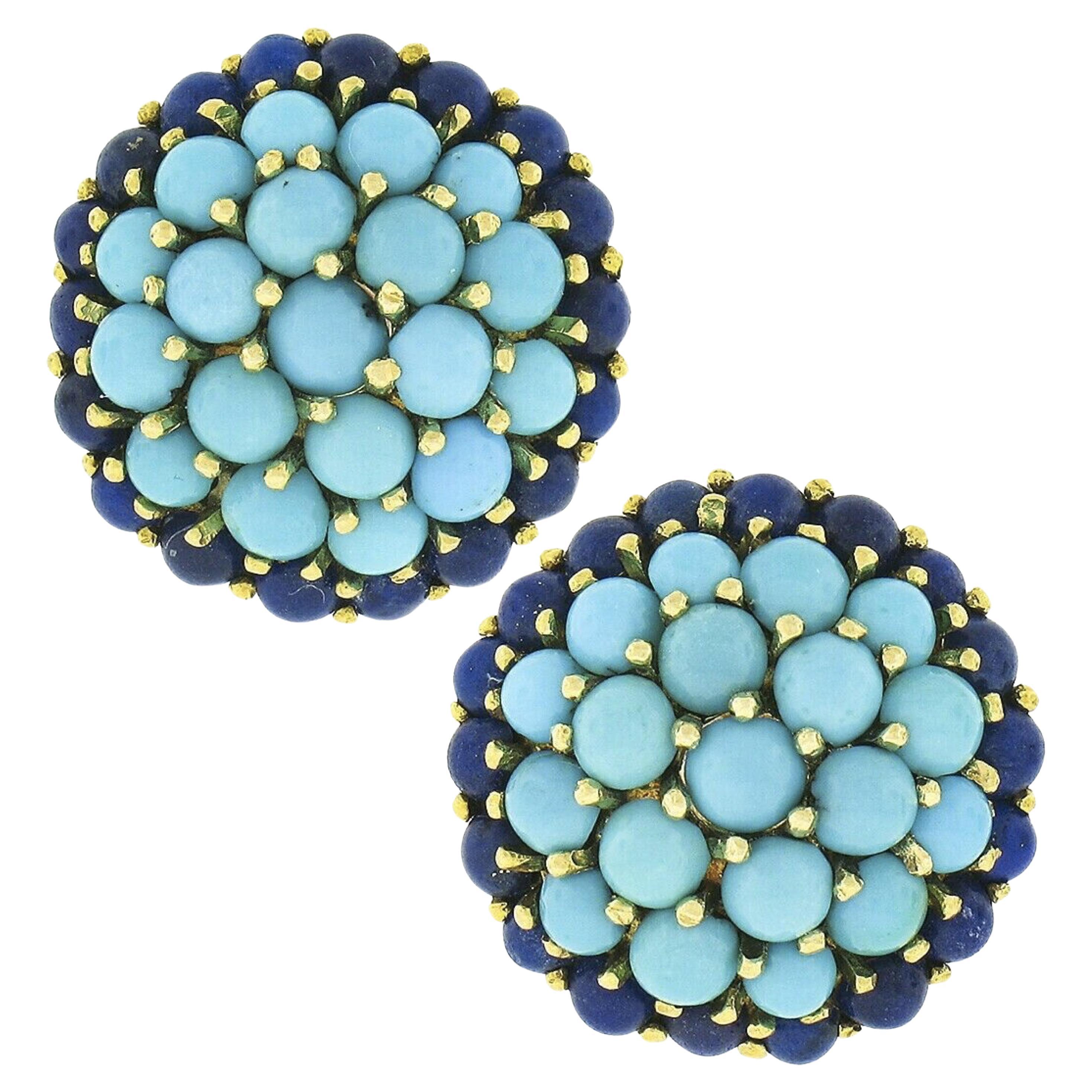 Vintage 18K Gold Round Cabochon Turquoise Cluster w/ Lapis Frame Button Earrings