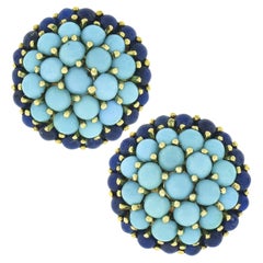 Vintage 18K Gold Round Cabochon Turquoise Cluster w/ Lapis Frame Button Earrings