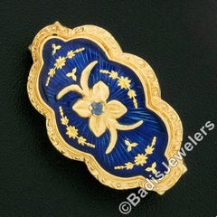 Vintage 18K Gold Royal Blue Enamel Floral Work w/ Sapphire Textured Brooch Pin