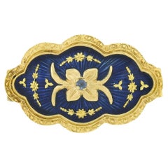 Vintage 18K Gold Royal Blue Enamel Floral Work w/ Sapphire Textured Brooch Pin