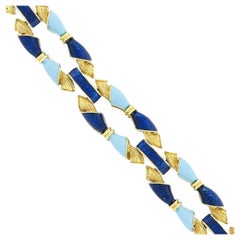 Bracciale d'epoca in oro 18 carati con smalto reale e blu turchese, aperto e strutturato, A Link