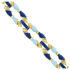 Vintage 18K Gold Royal & Turquoise Blue Enamel Textured Open Fancy Link Bracelet