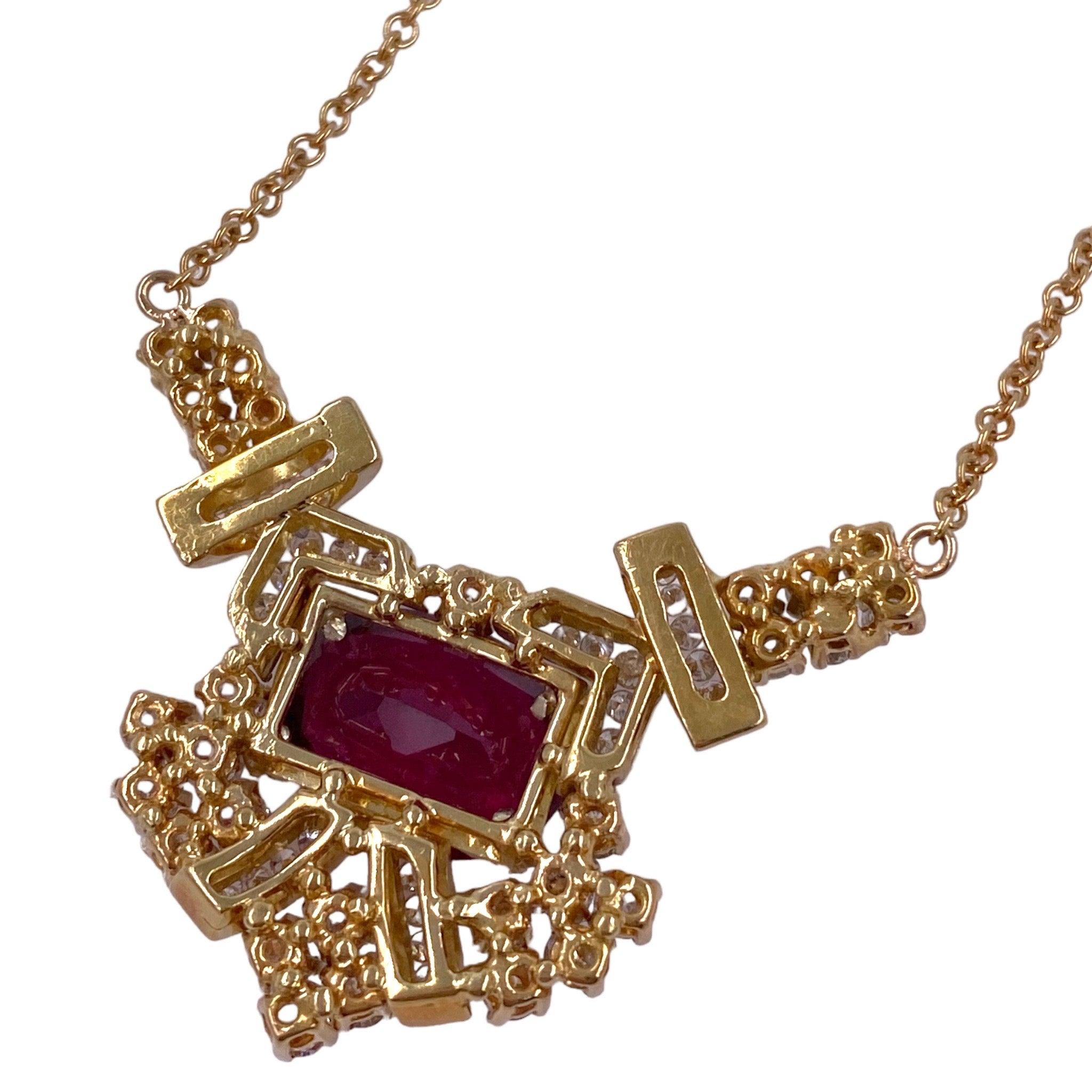 Oval Cut Vintage 18K Gold Rubellite Tourmaline & Diamond Necklace For Sale
