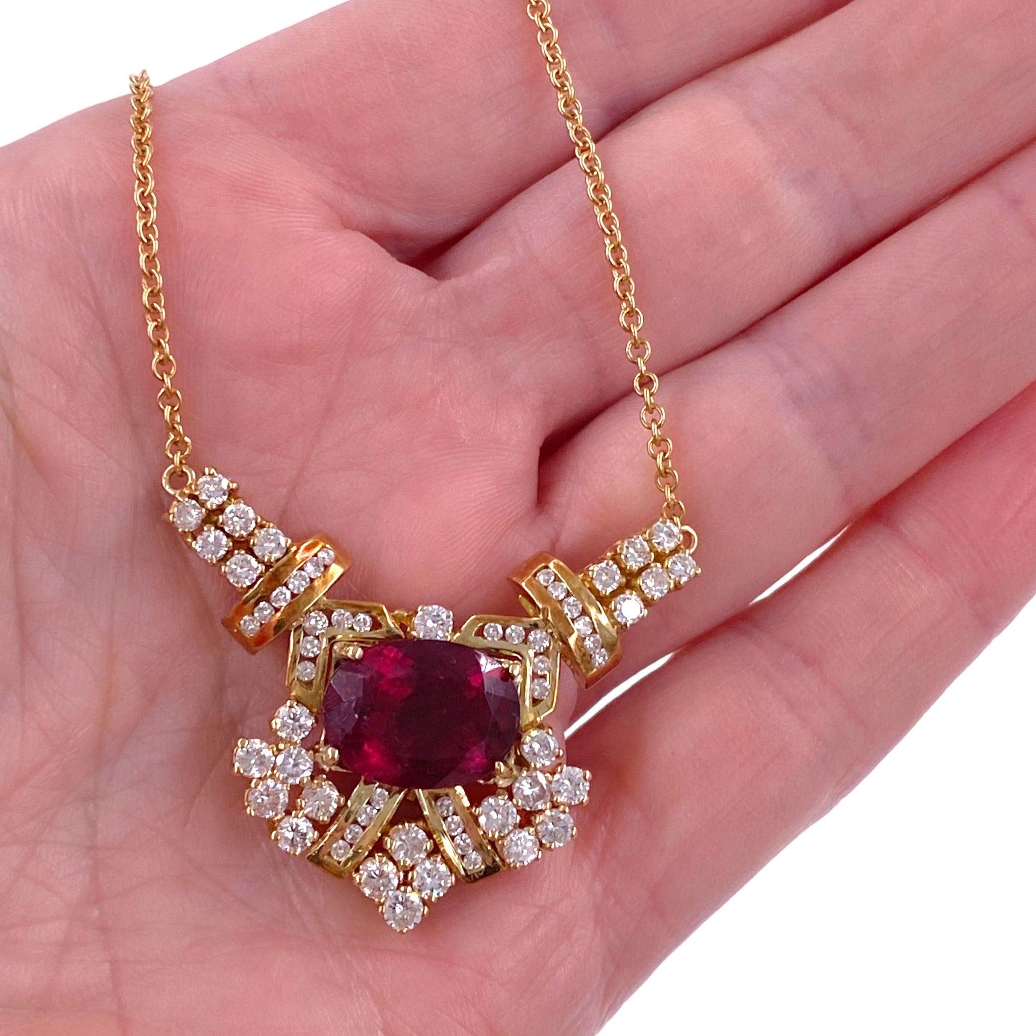Vintage 18K Gold Rubellite Tourmaline & Diamond Necklace In Good Condition For Sale In Henderson, NV