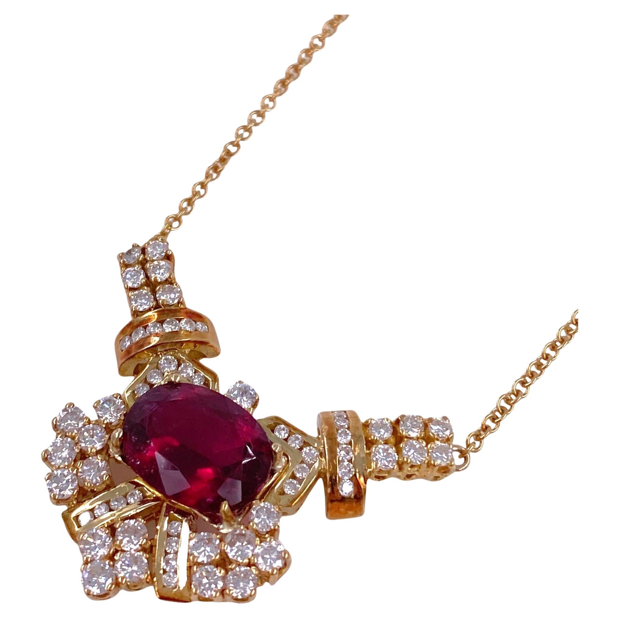 Vintage 18K Gold Rubellite Tourmaline & Diamond Necklace For Sale