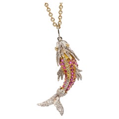 Colgante vintage de oro de 18 quilates con forma de pez, con rubíes y diamantes