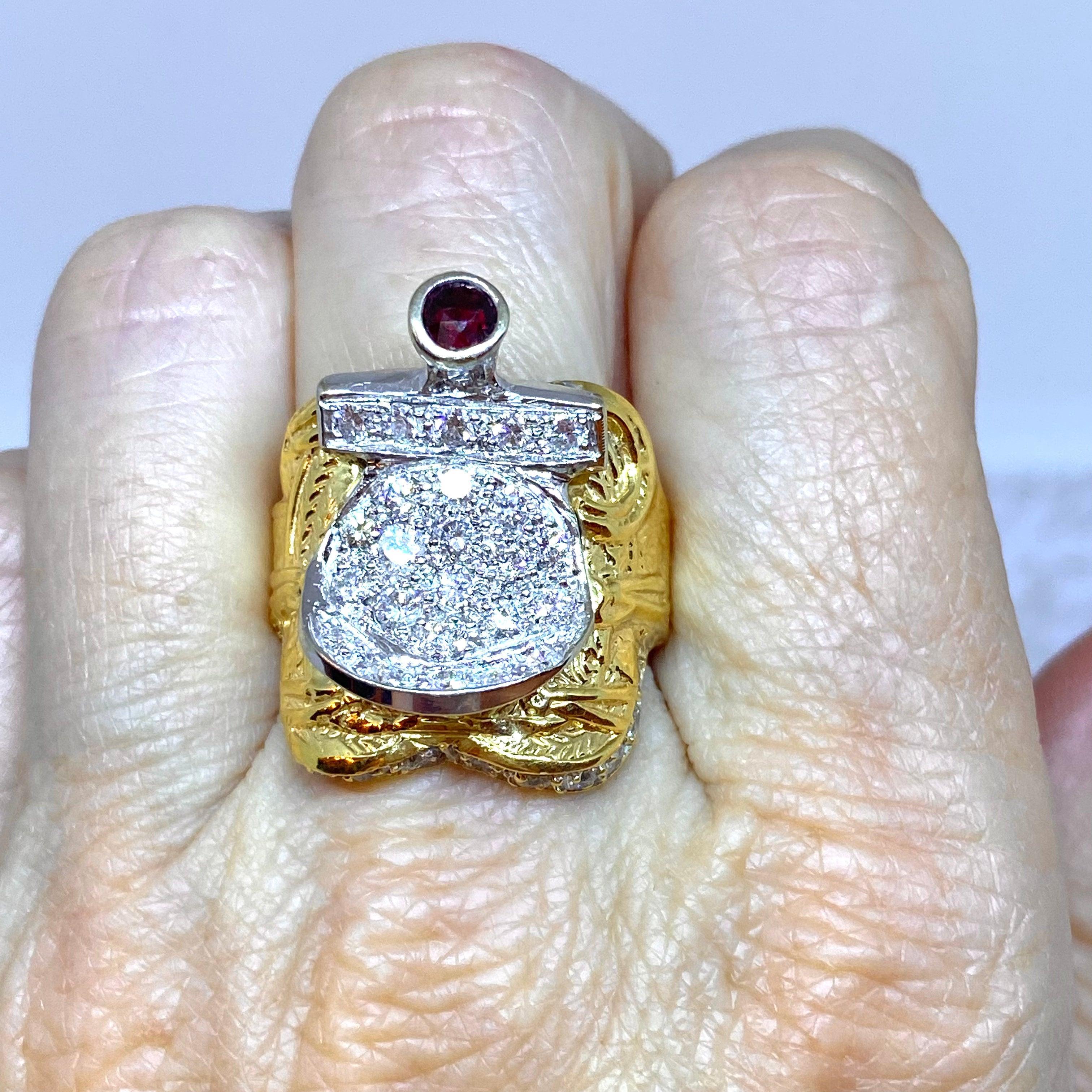 Vintage 18K Gold Ruby and Diamond Saddle Ring For Sale 5