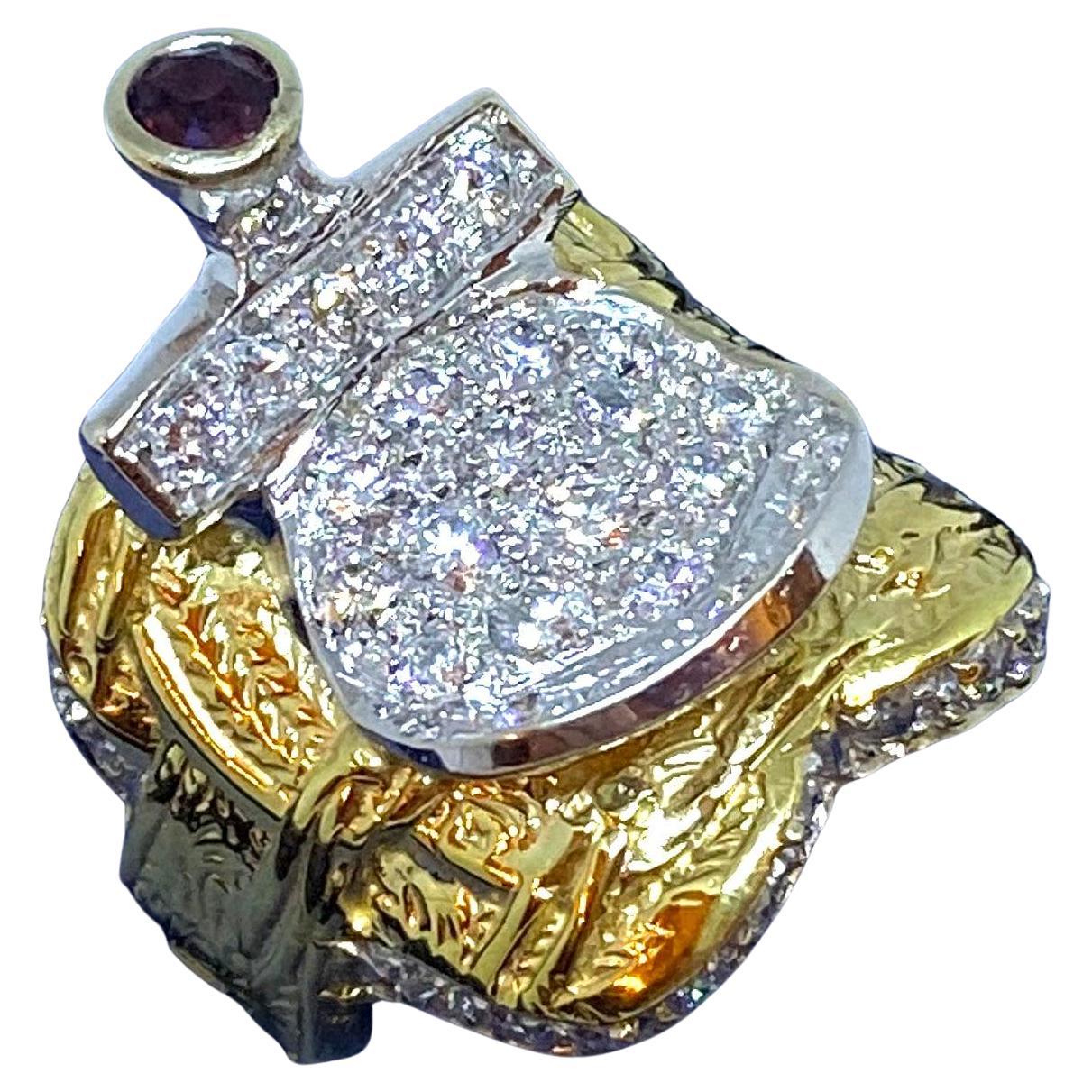 Vintage 18K Gold Ruby and Diamond Saddle Ring For Sale