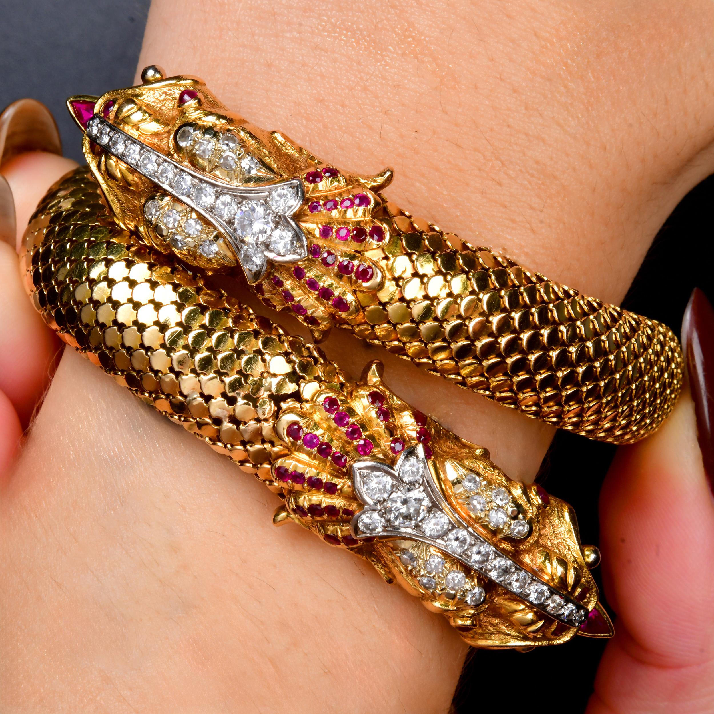 Vintage 18K Gold Ruby Diamond Double Dragon Wrap Bracelet For Sale 4