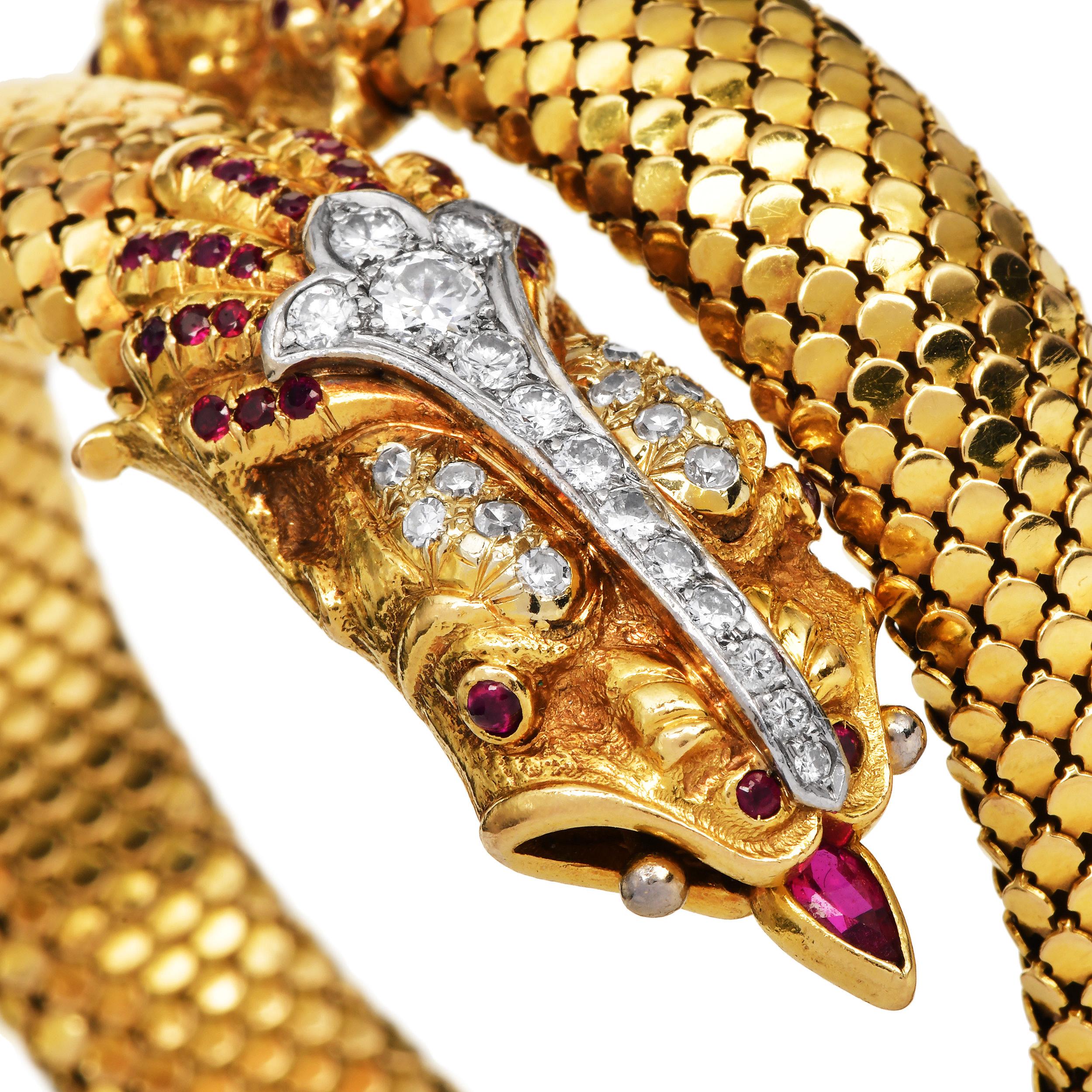 Retro Vintage 18K Gold Ruby Diamond Double Dragon Wrap Bracelet For Sale