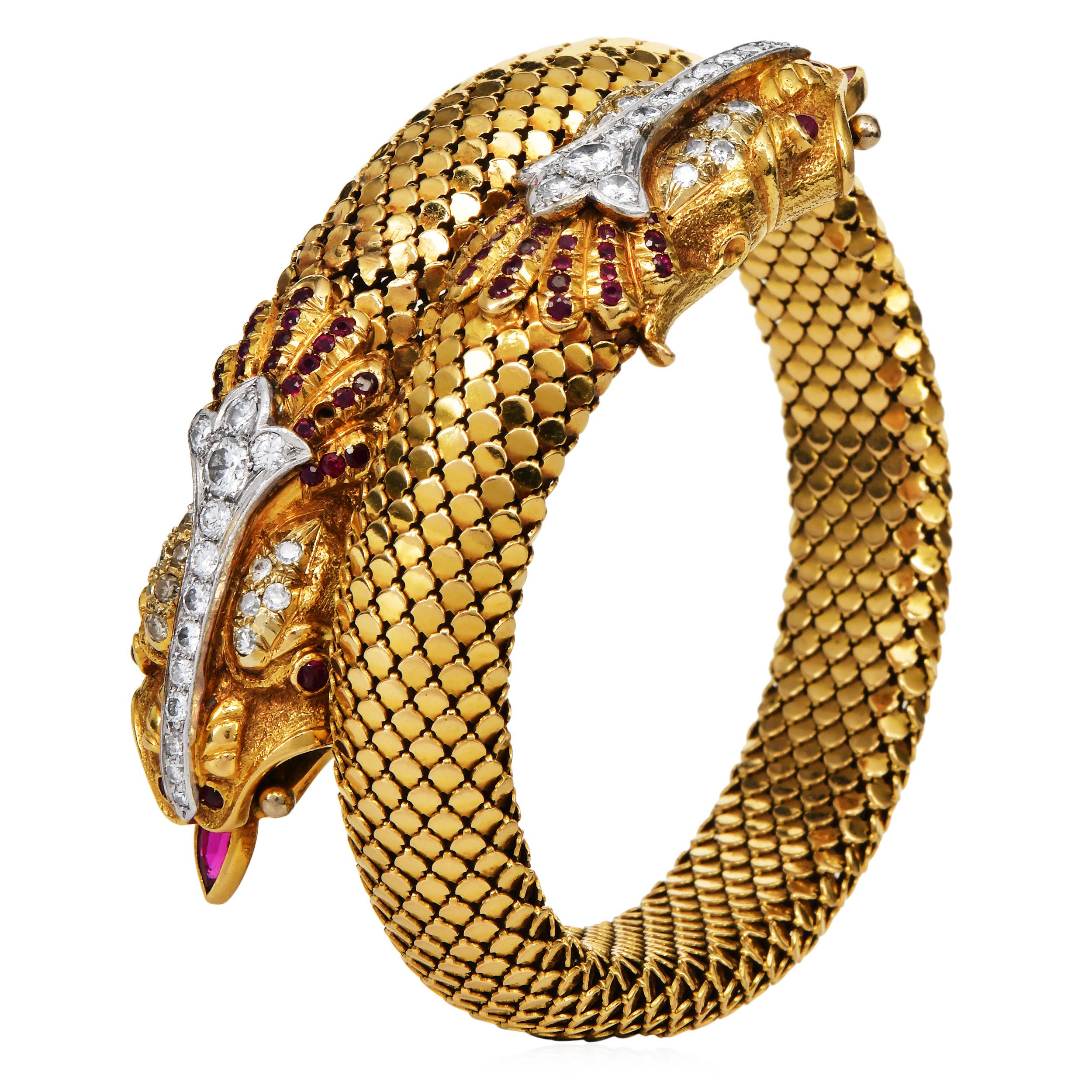 Round Cut Vintage 18K Gold Ruby Diamond Double Dragon Wrap Bracelet For Sale