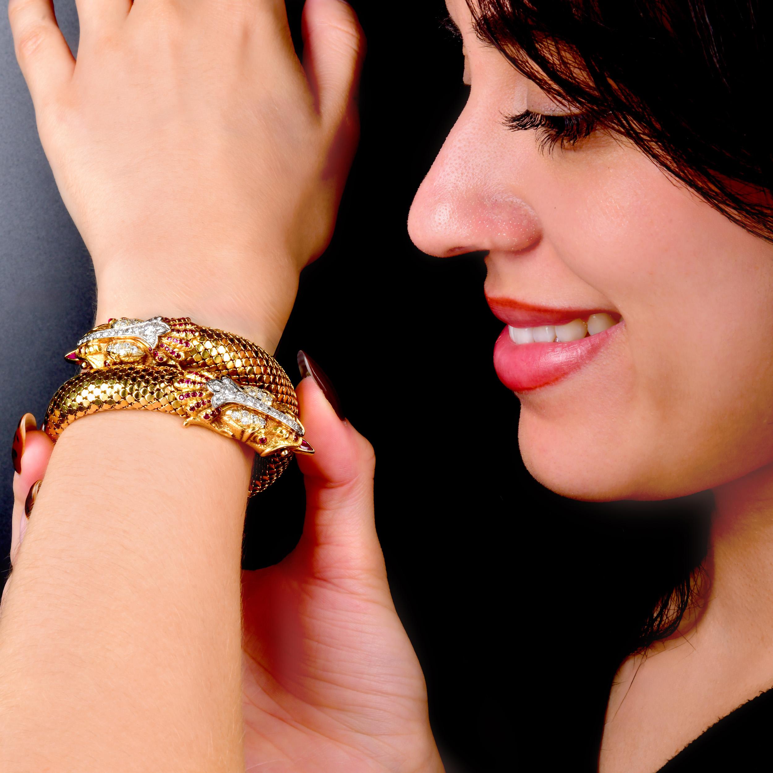 Vintage 18K Gold Ruby Diamond Double Dragon Wrap Bracelet In Excellent Condition For Sale In Miami, FL