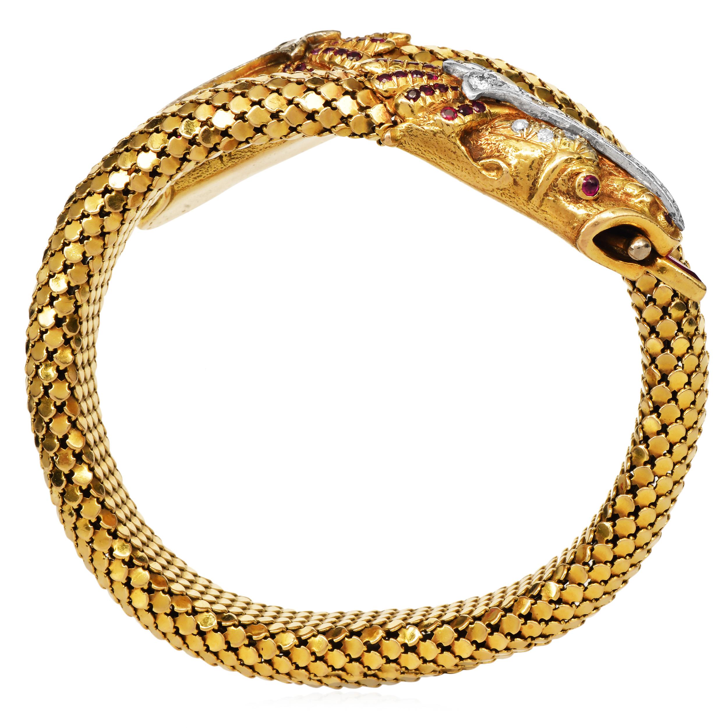 Women's Vintage 18K Gold Ruby Diamond Double Dragon Wrap Bracelet For Sale