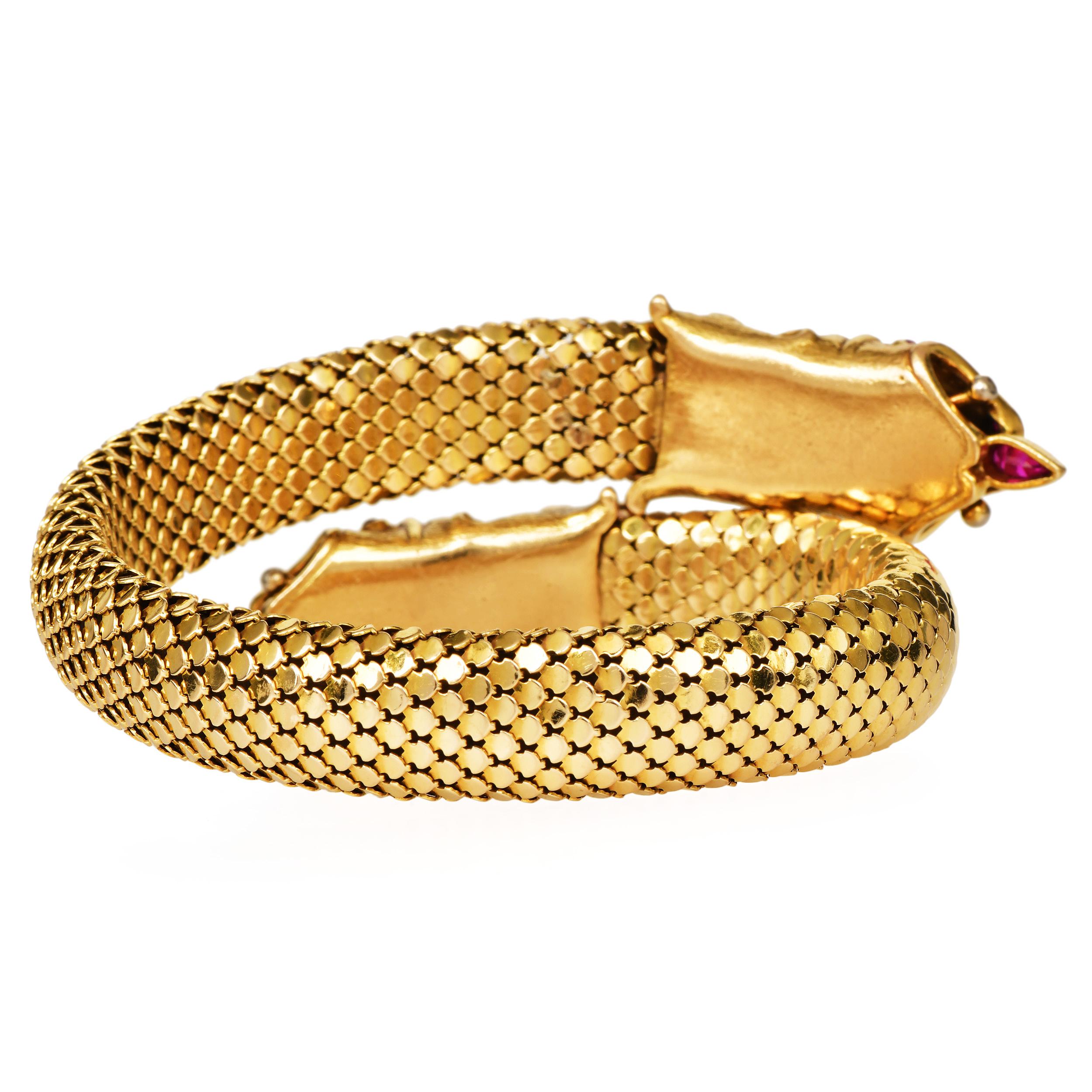 Vintage 18K Gold Ruby Diamond Double Dragon Wrap Bracelet For Sale 1