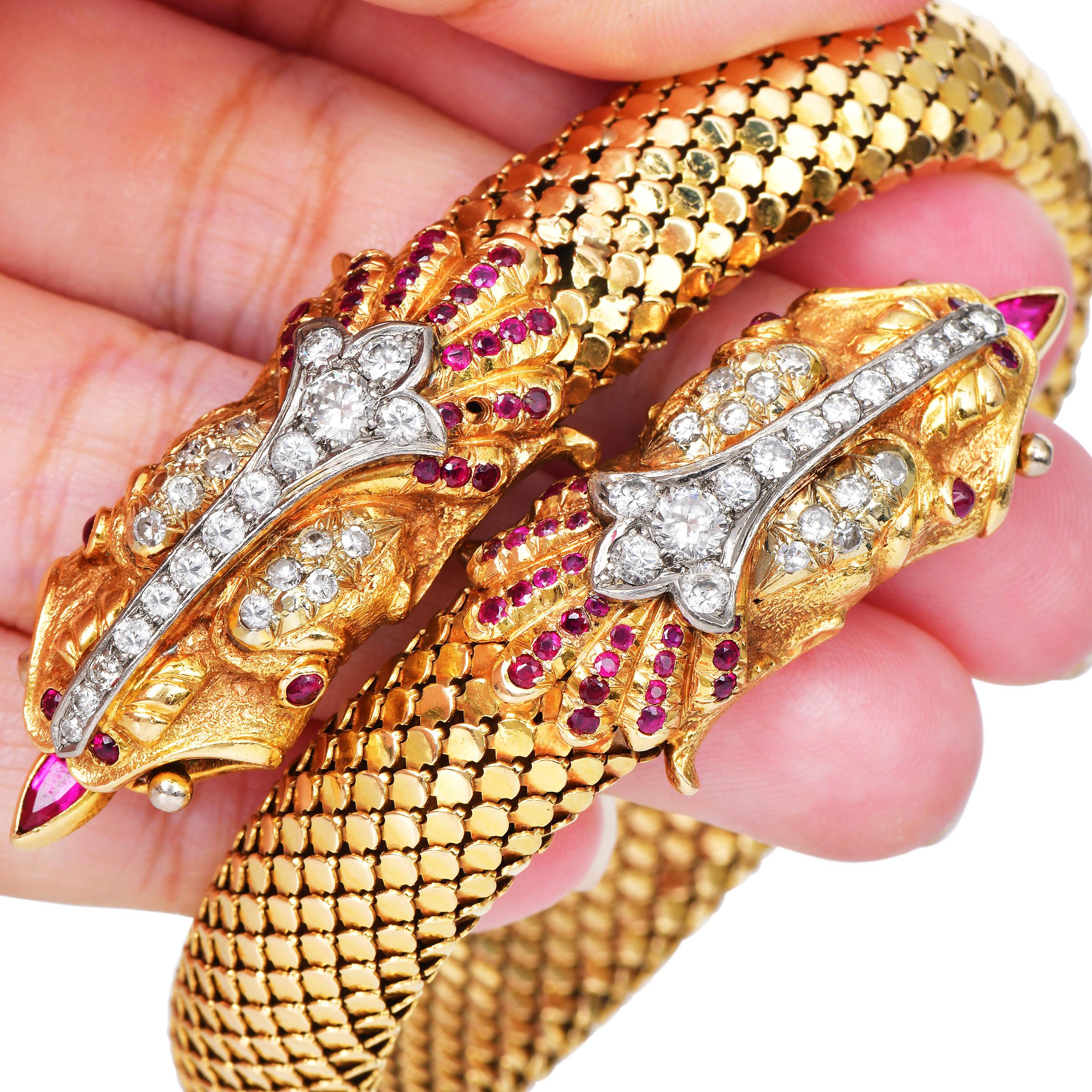Vintage 18K Gold Ruby Diamond Double Dragon Wrap Bracelet For Sale 2