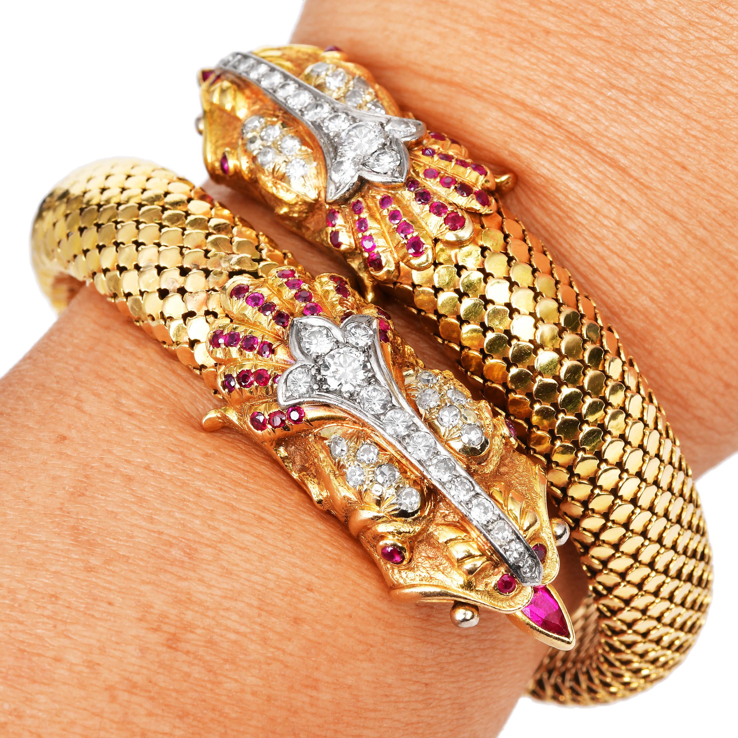 Vintage 18K Gold Ruby Diamond Double Dragon Wrap Bracelet For Sale 3