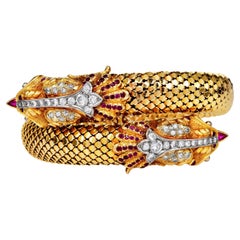 Vintage 18K Gold Ruby Diamond Double Dragon Wrap Bracelet