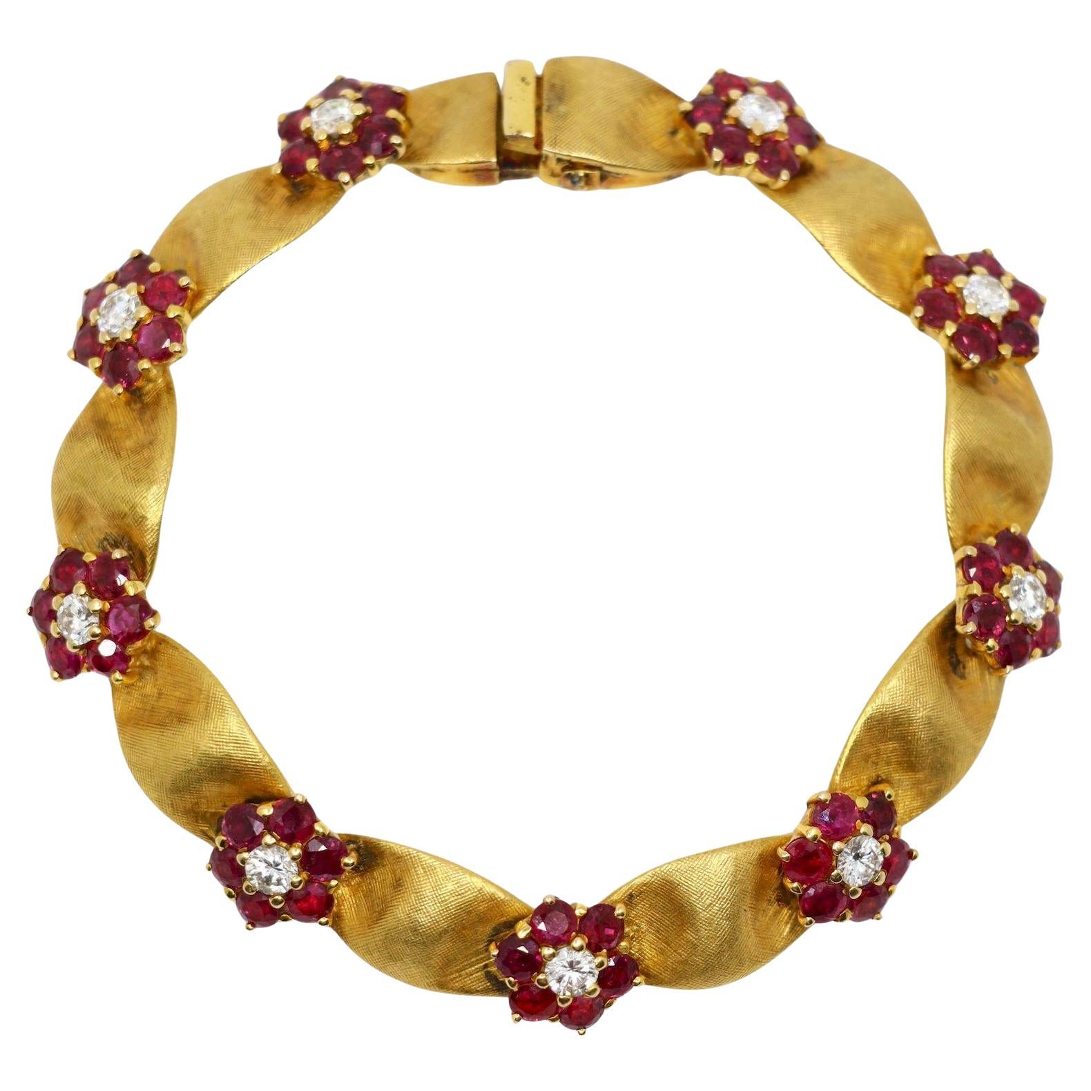 Vintage Bracelet fleur en or 18K rubis diamant