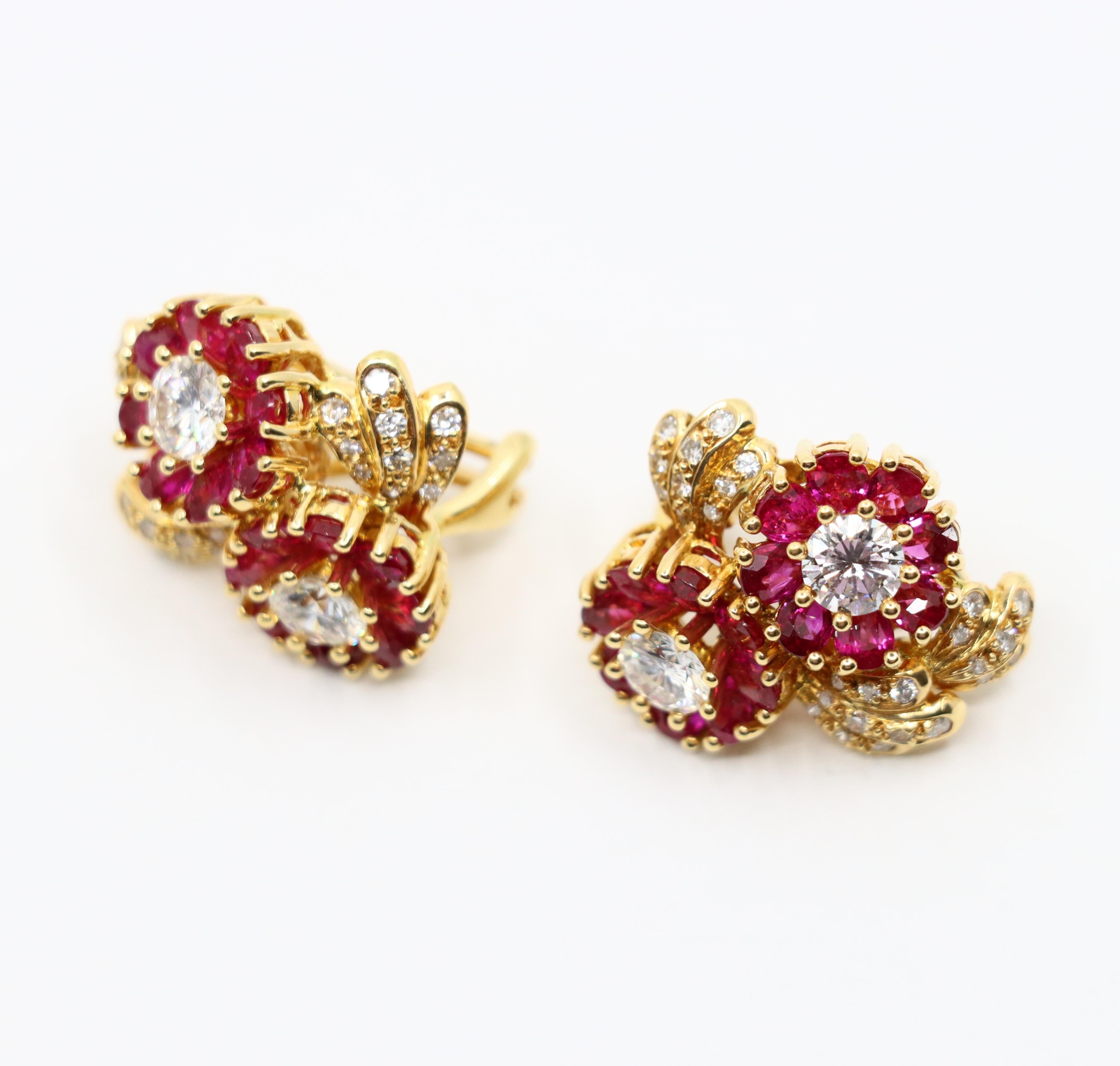 Vintage 18K Gold Ruby Diamond Flower Earrings For Sale 5