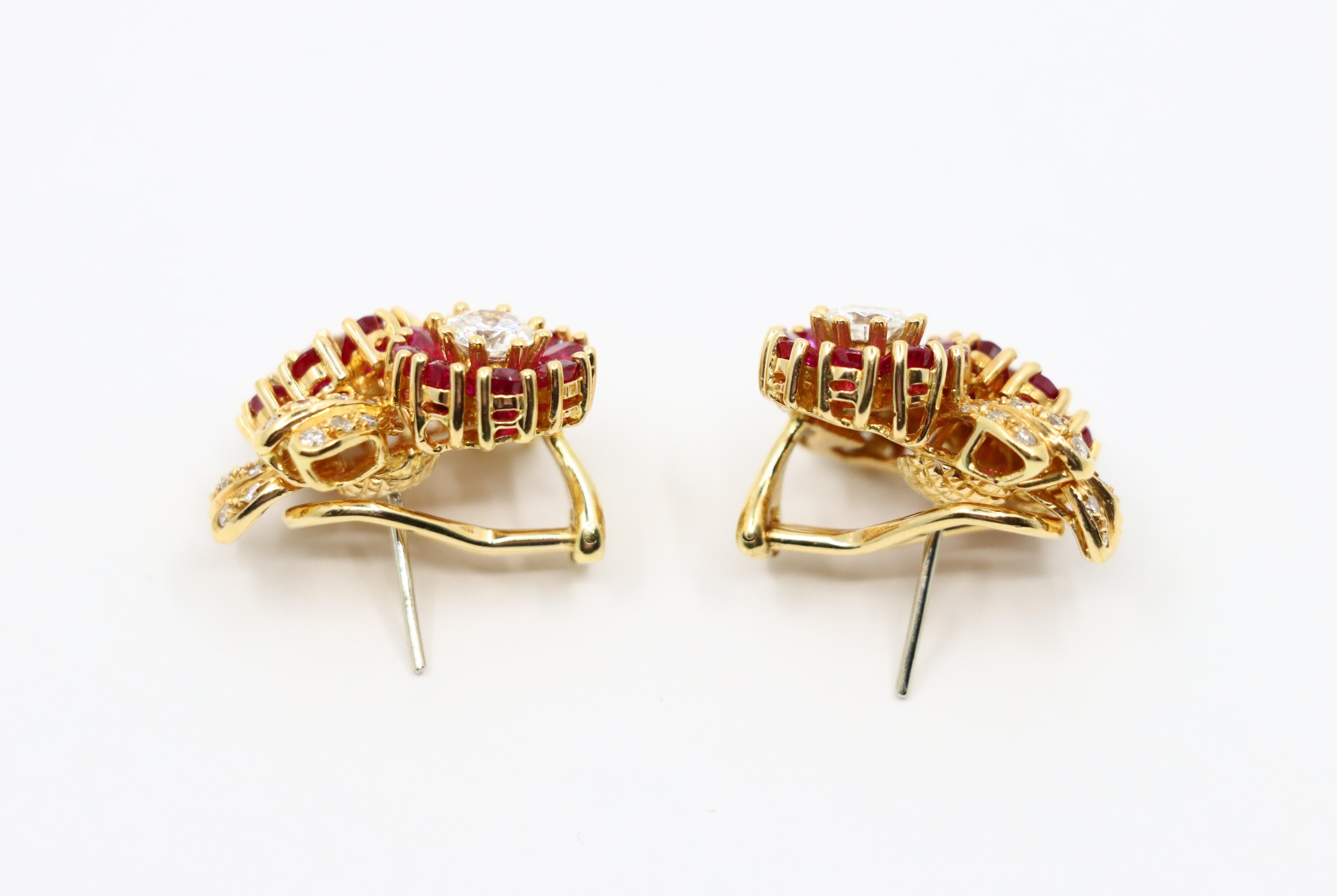 Vintage 18K Gold Ruby Diamond Flower Earrings For Sale 6