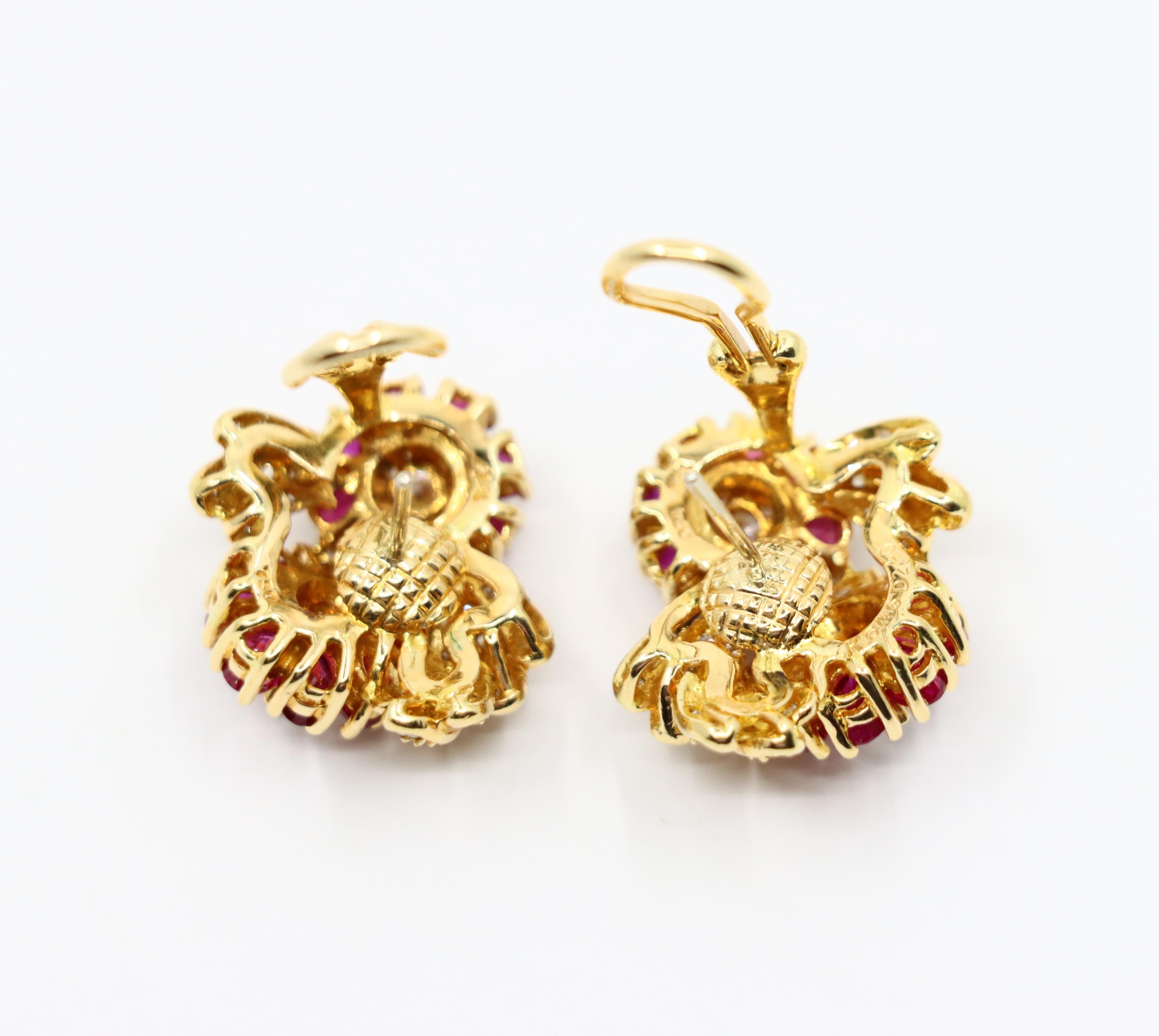 Vintage 18K Gold Ruby Diamond Flower Earrings For Sale 7