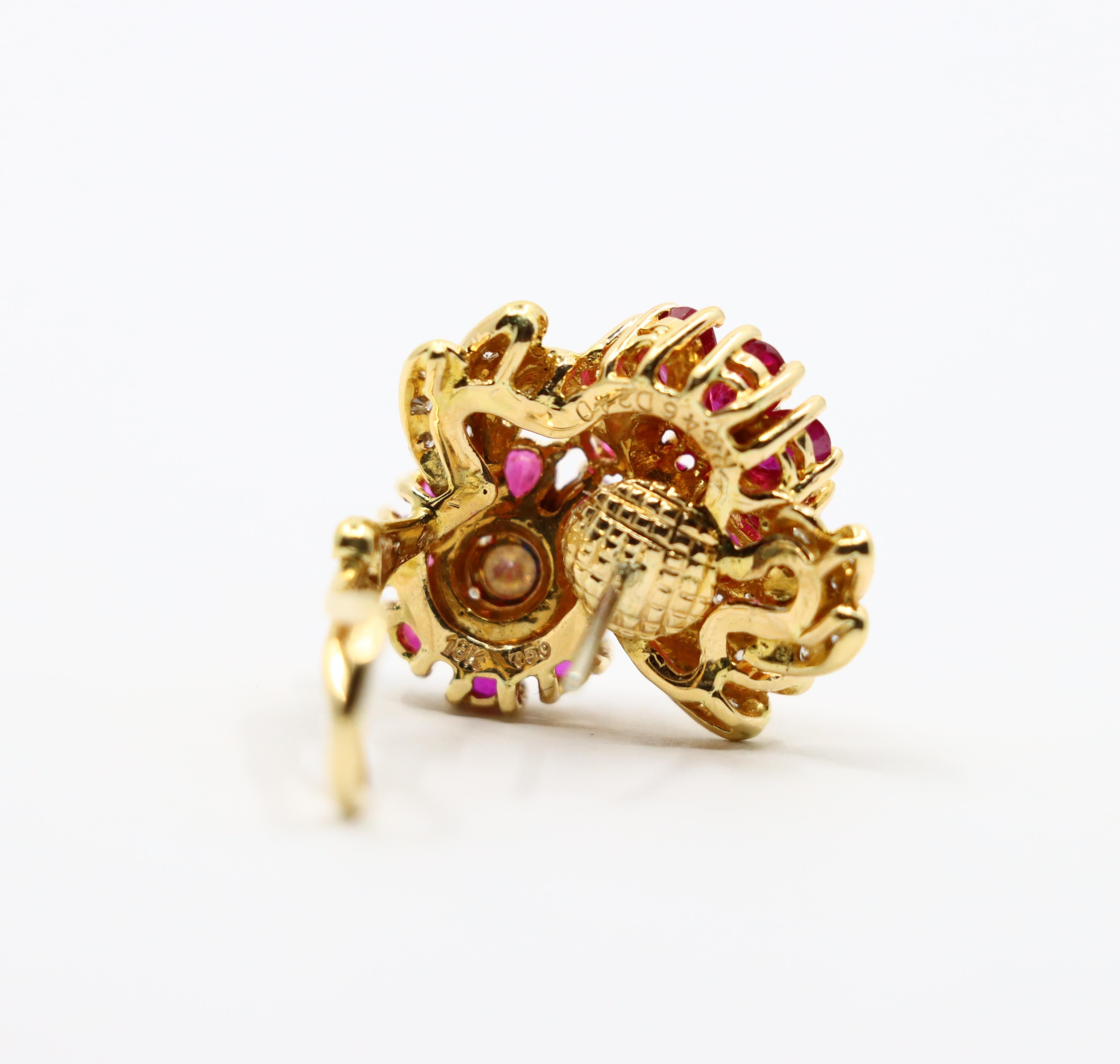 Vintage 18K Gold Ruby Diamond Flower Earrings For Sale 8